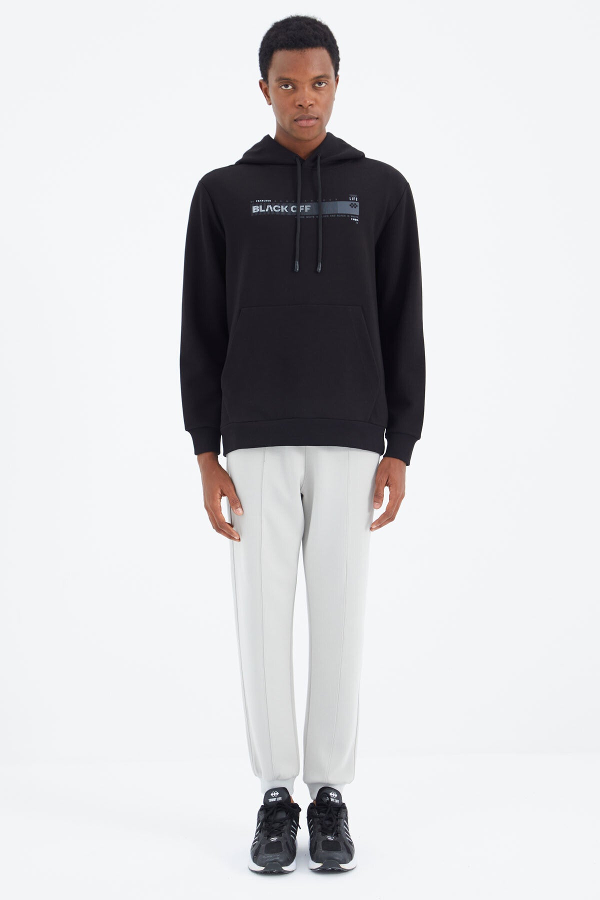 Black Hooded Laced Print Detailed Relax Fit Men's Sweatshirt - 88287