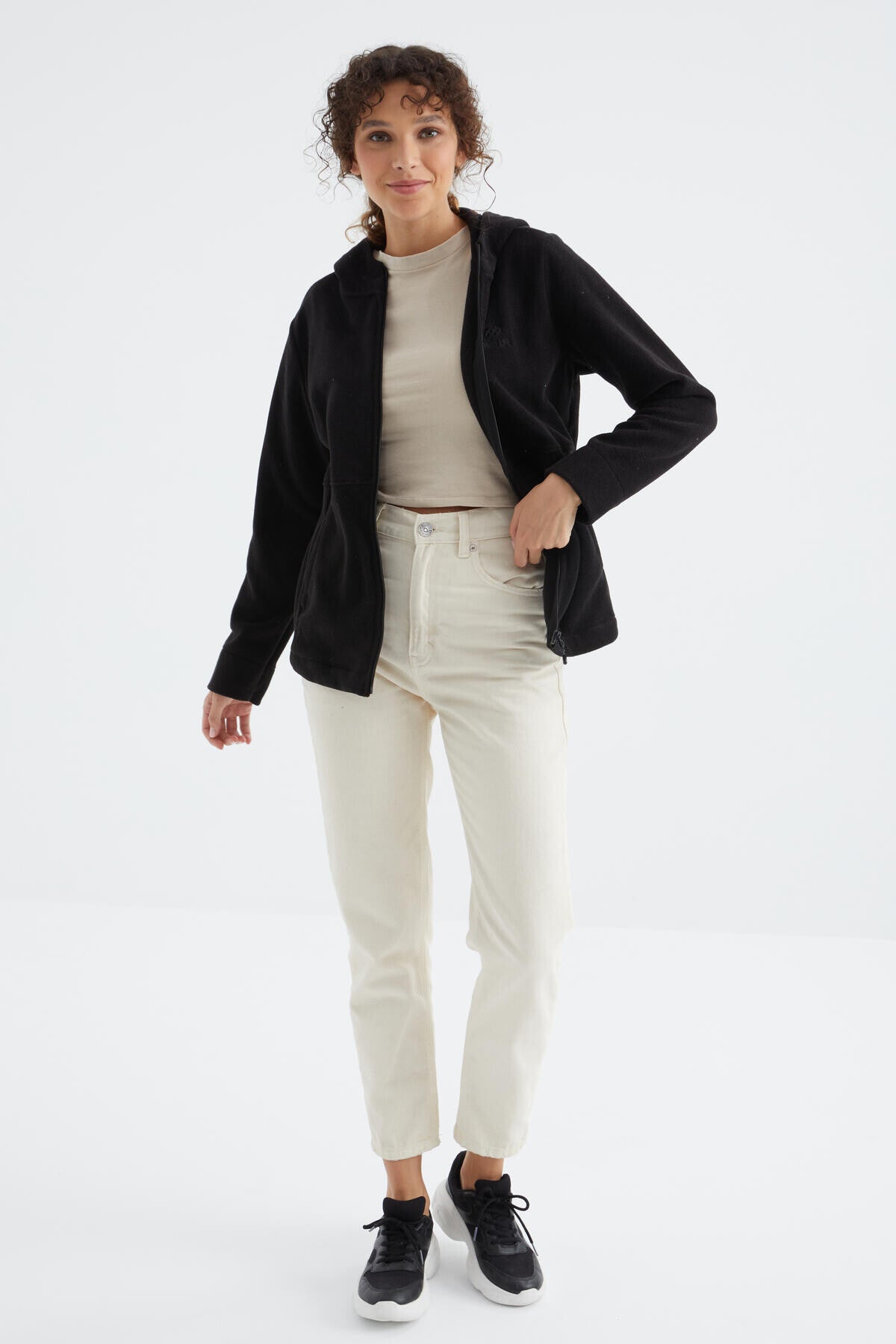 Black Hooded Zip-Up Comfort Fit Women's Fleece Sweatshirt - 97233