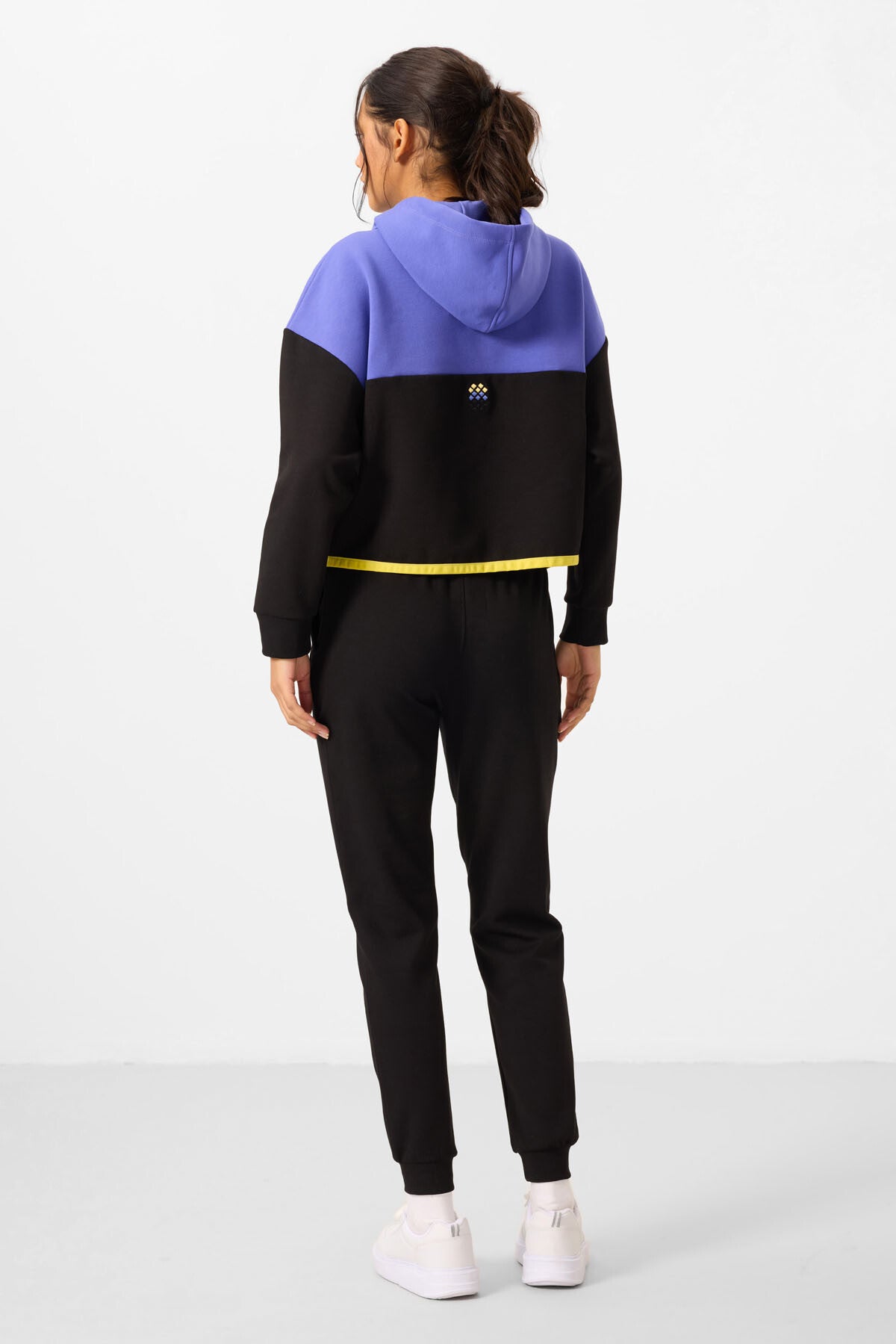 Black Hooded Cotton Color Block Women's Tracksuit Set - 95327