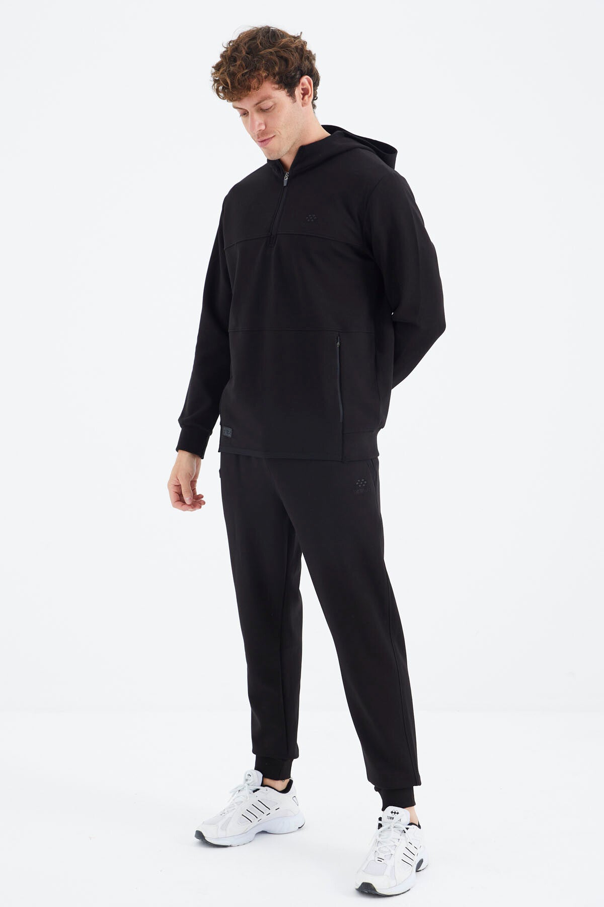 Black Hooded Half-Zip Pocket Detailed Men's Tracksuit Set - 85222