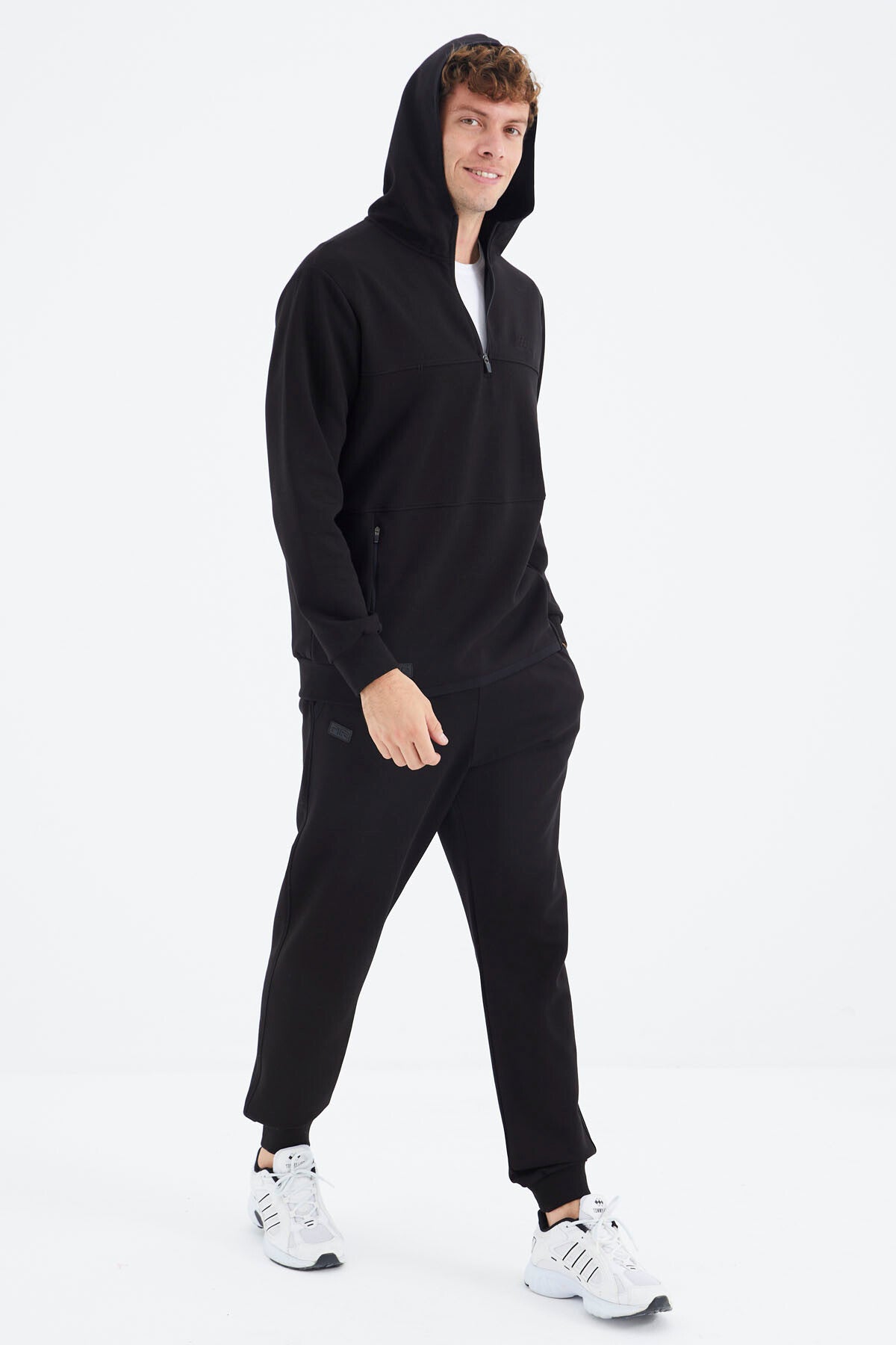 Black Hooded Half-Zip Pocket Detailed Men's Tracksuit Set - 85222