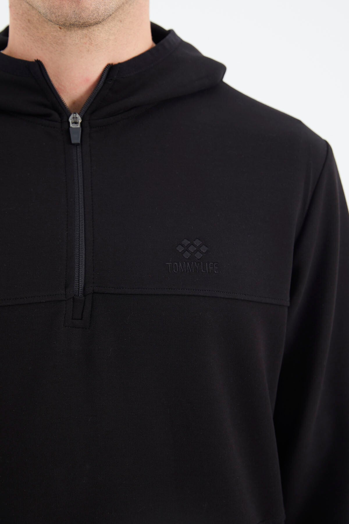 Black Hooded Half-Zip Pocket Detailed Men's Tracksuit Set - 85222