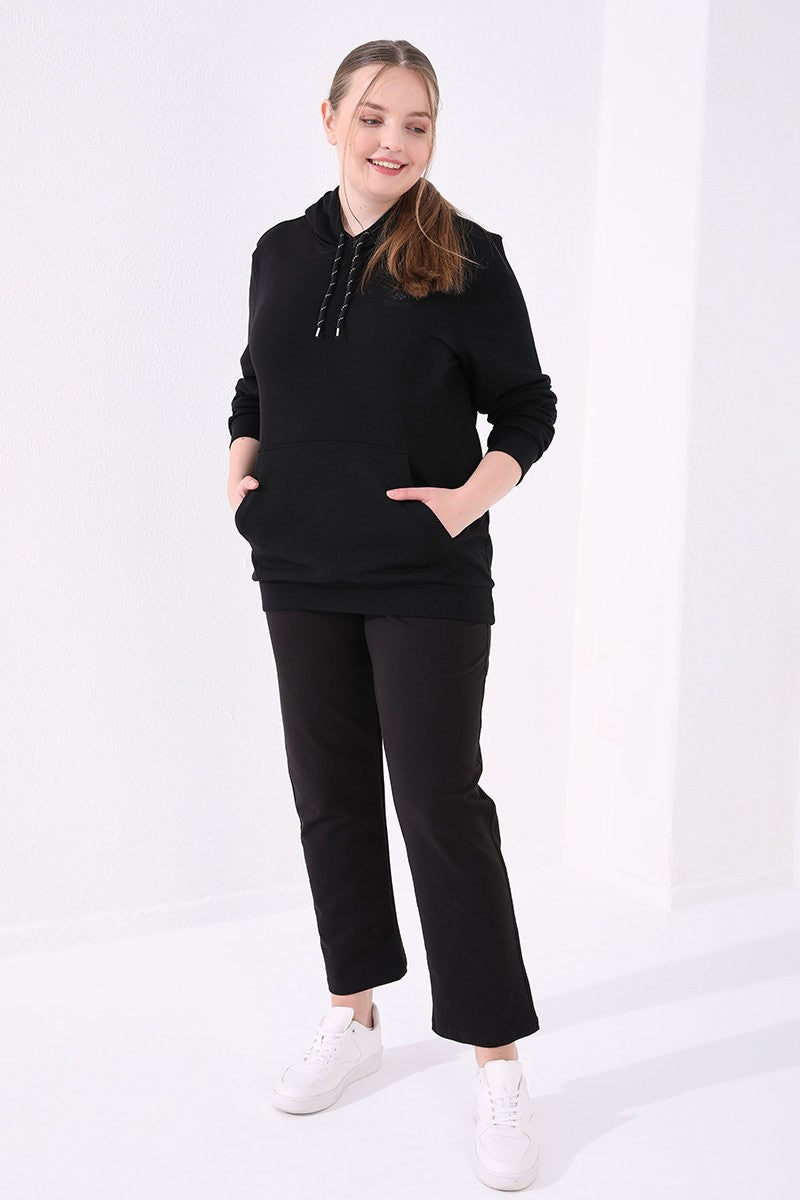 Black Classic Stone Detailed Women's Plus Size Tracksuit Bottom - 94040