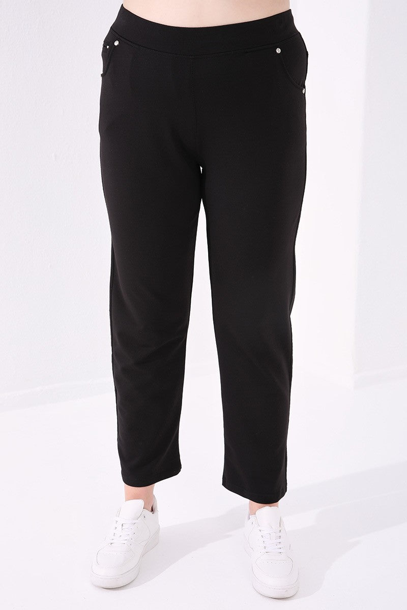 Black Classic Stone Detailed Women's Plus Size Tracksuit Bottom - 94040