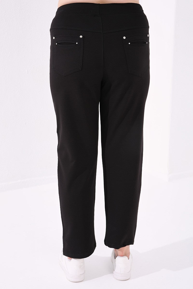 Black Classic Stone Detailed Women's Plus Size Tracksuit Bottom - 94040