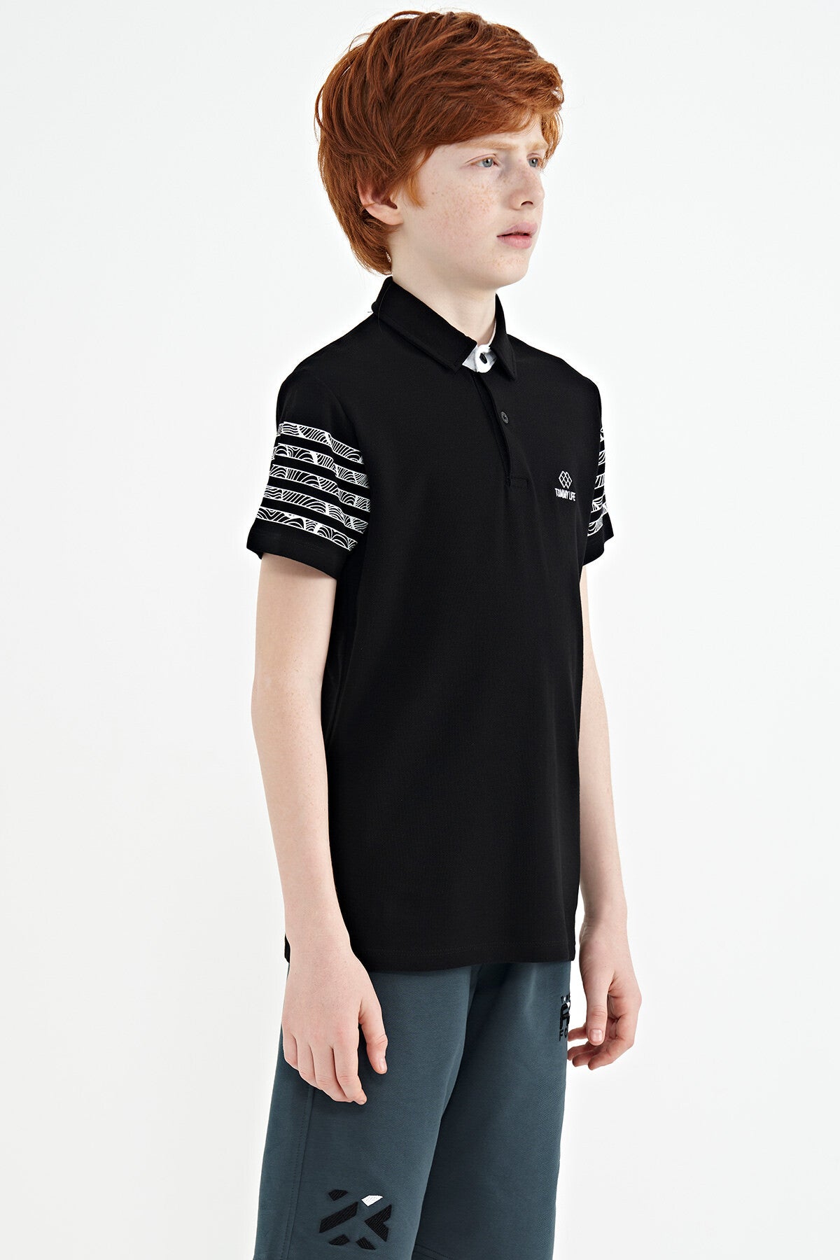 Black Printed Cuff Detailed Standard Mold Polo Collar Boys' T-Shirt - 11093