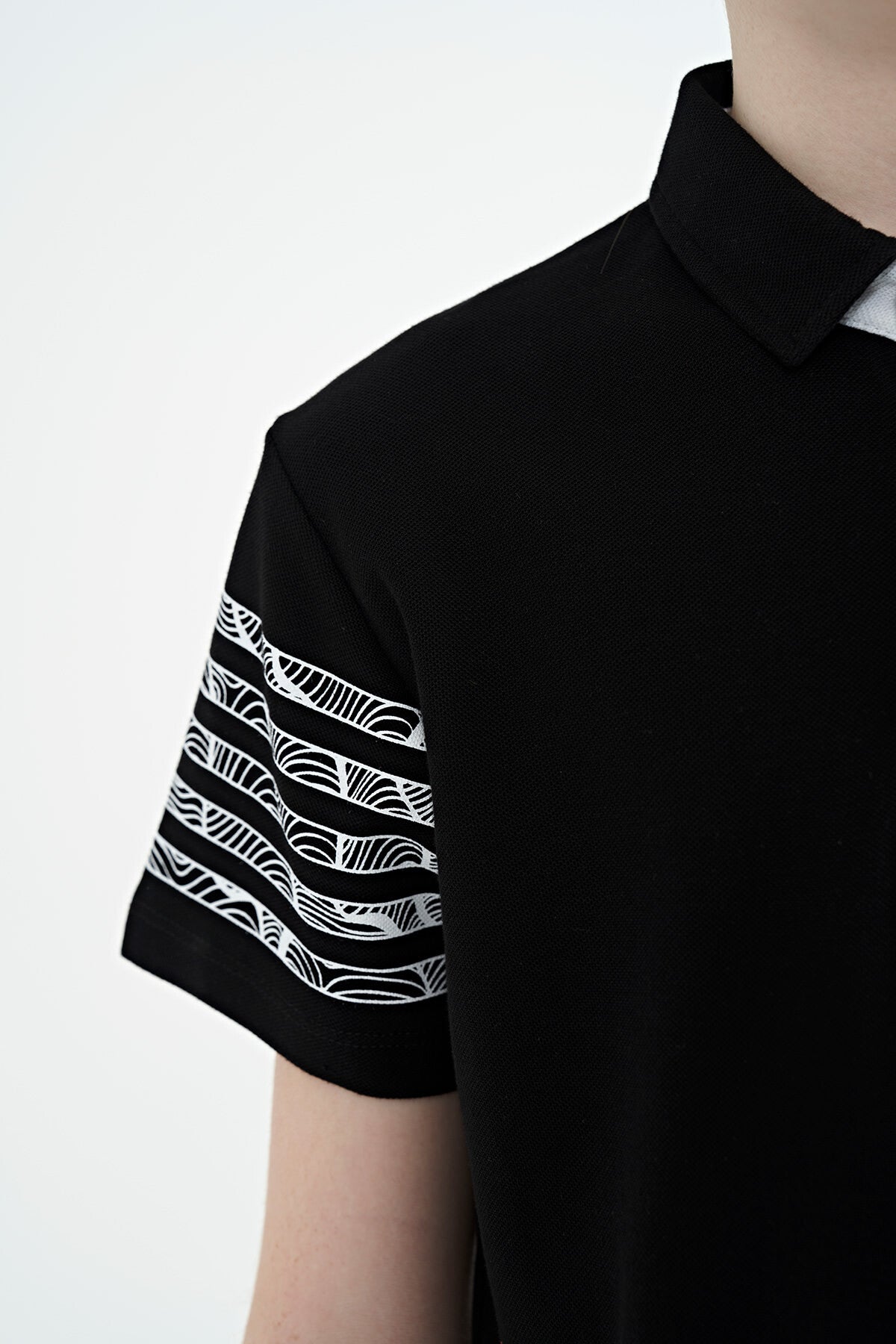 Black Printed Cuff Detailed Standard Mold Polo Collar Boys' T-Shirt - 11093