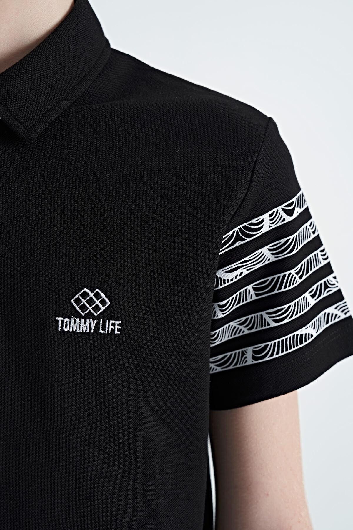 Black Printed Cuff Detailed Standard Mold Polo Collar Boys' T-Shirt - 11093