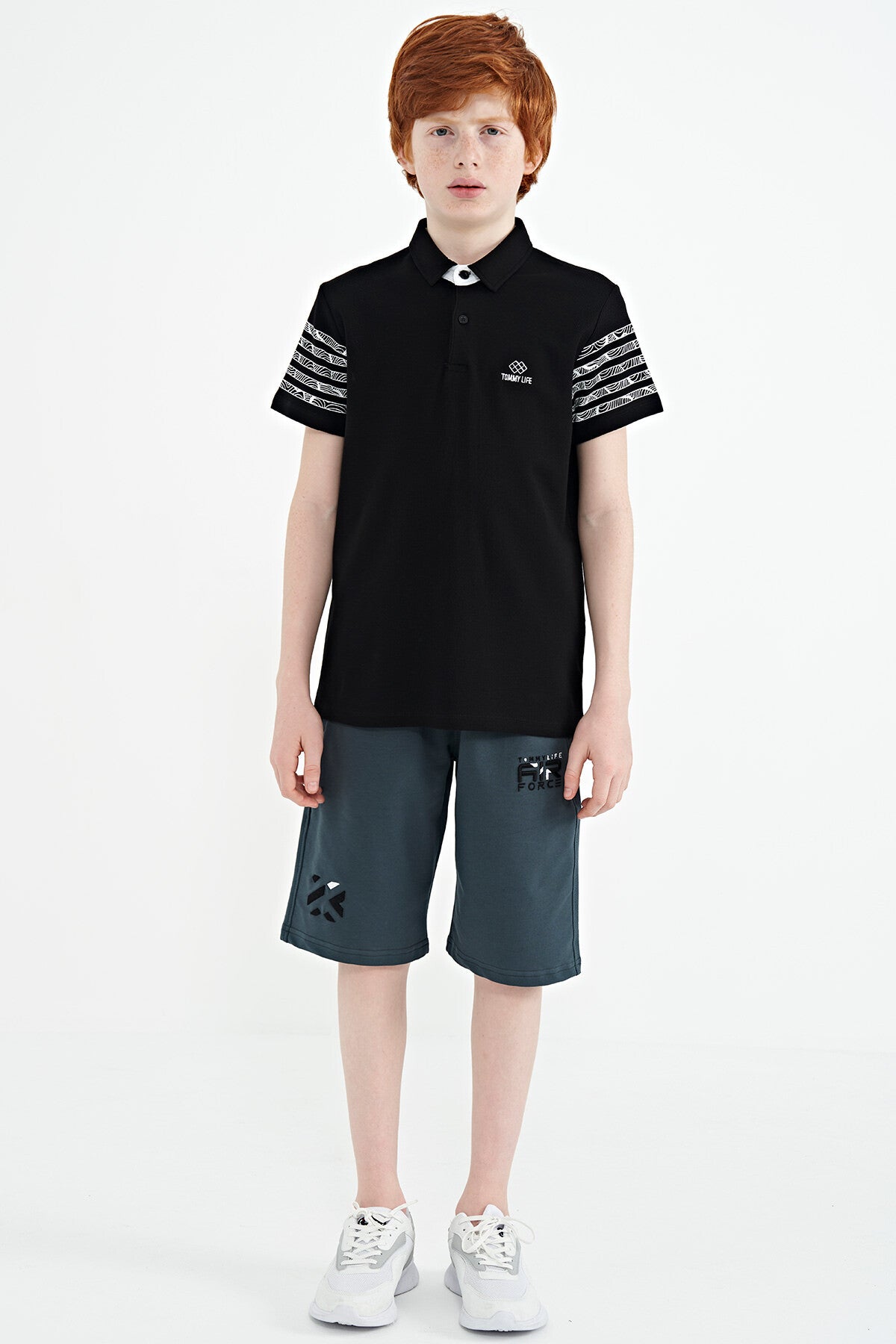 Black Printed Cuff Detailed Standard Mold Polo Collar Boys' T-Shirt - 11093