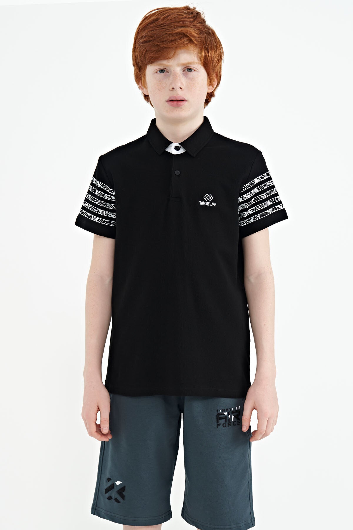 Black Printed Cuff Detailed Standard Mold Polo Collar Boys' T-Shirt - 11093