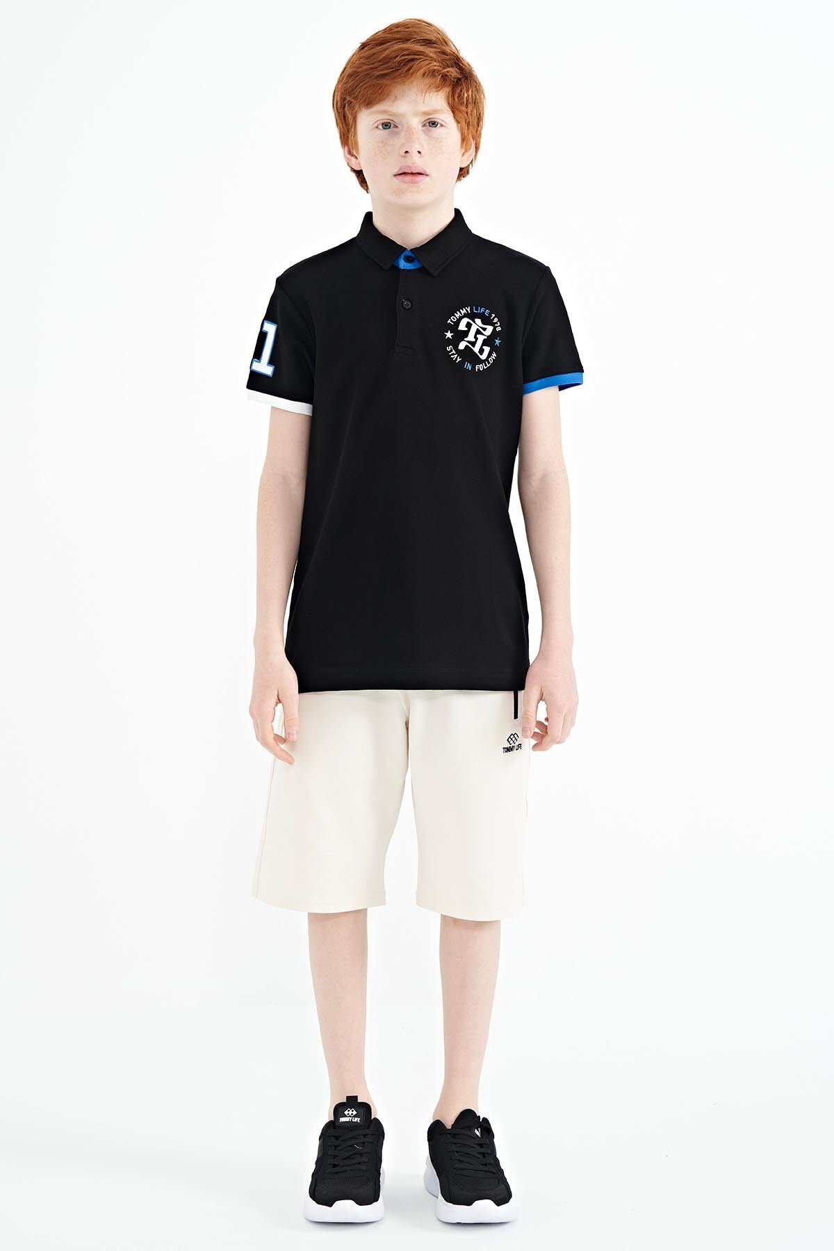 Black Arm Chest Embroidered Standard Pattern Polo Collar Boys T-Shirt - 11086