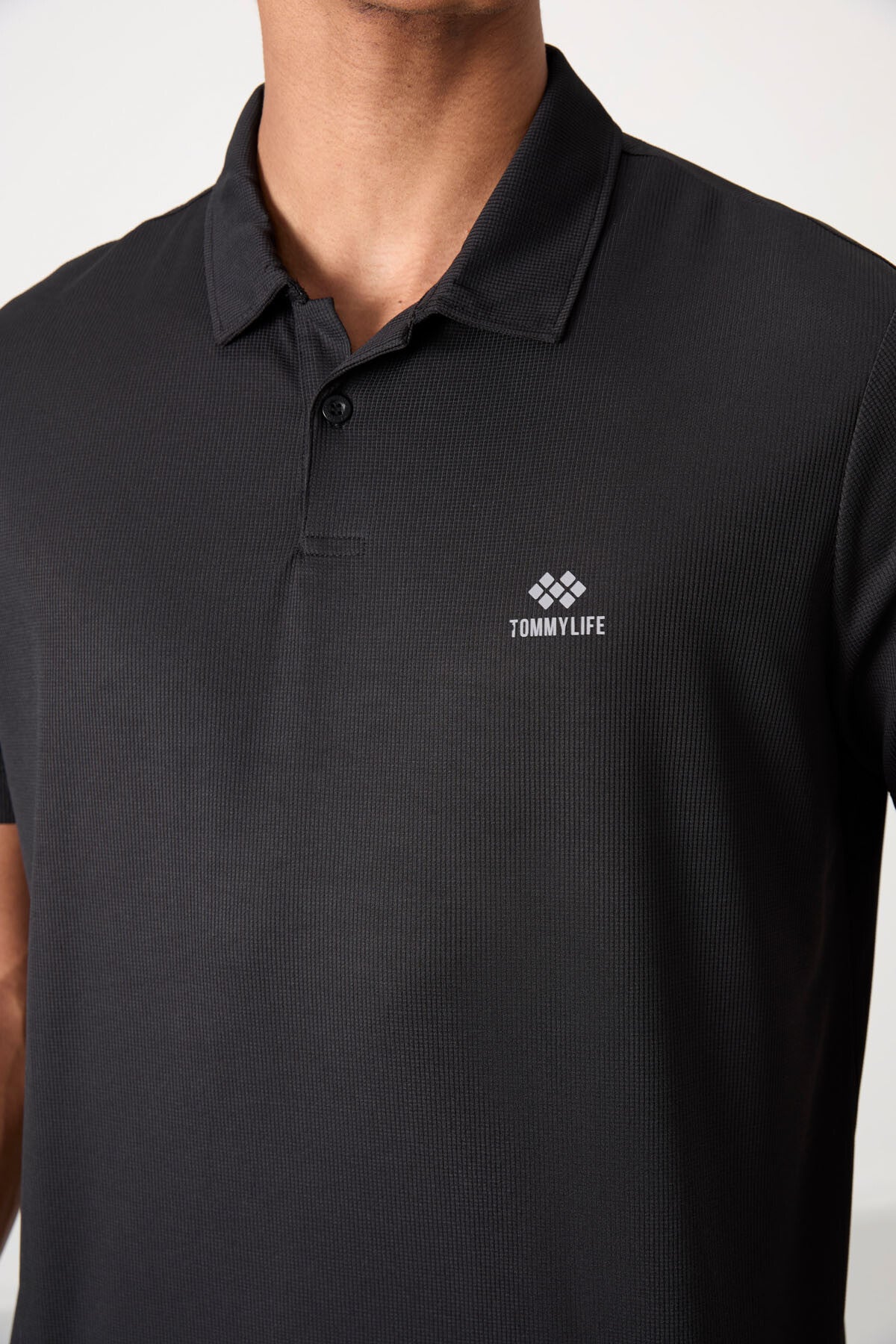 Black Logo Printed Standard Fit Polo Collar Active Sport Men's T-Shirt - 88252