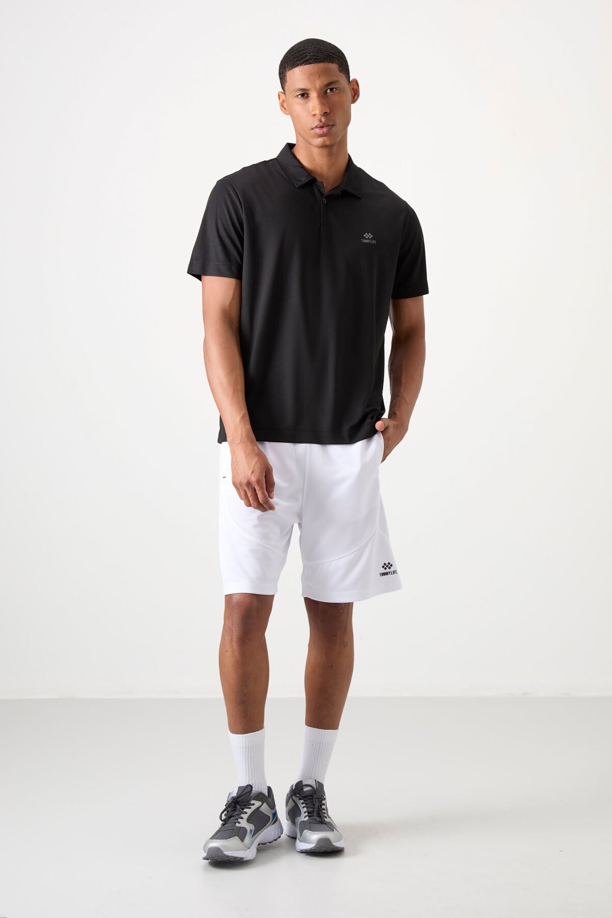 Black Logo Printed Standard Fit Polo Collar Active Sport Men's T-Shirt - 88252