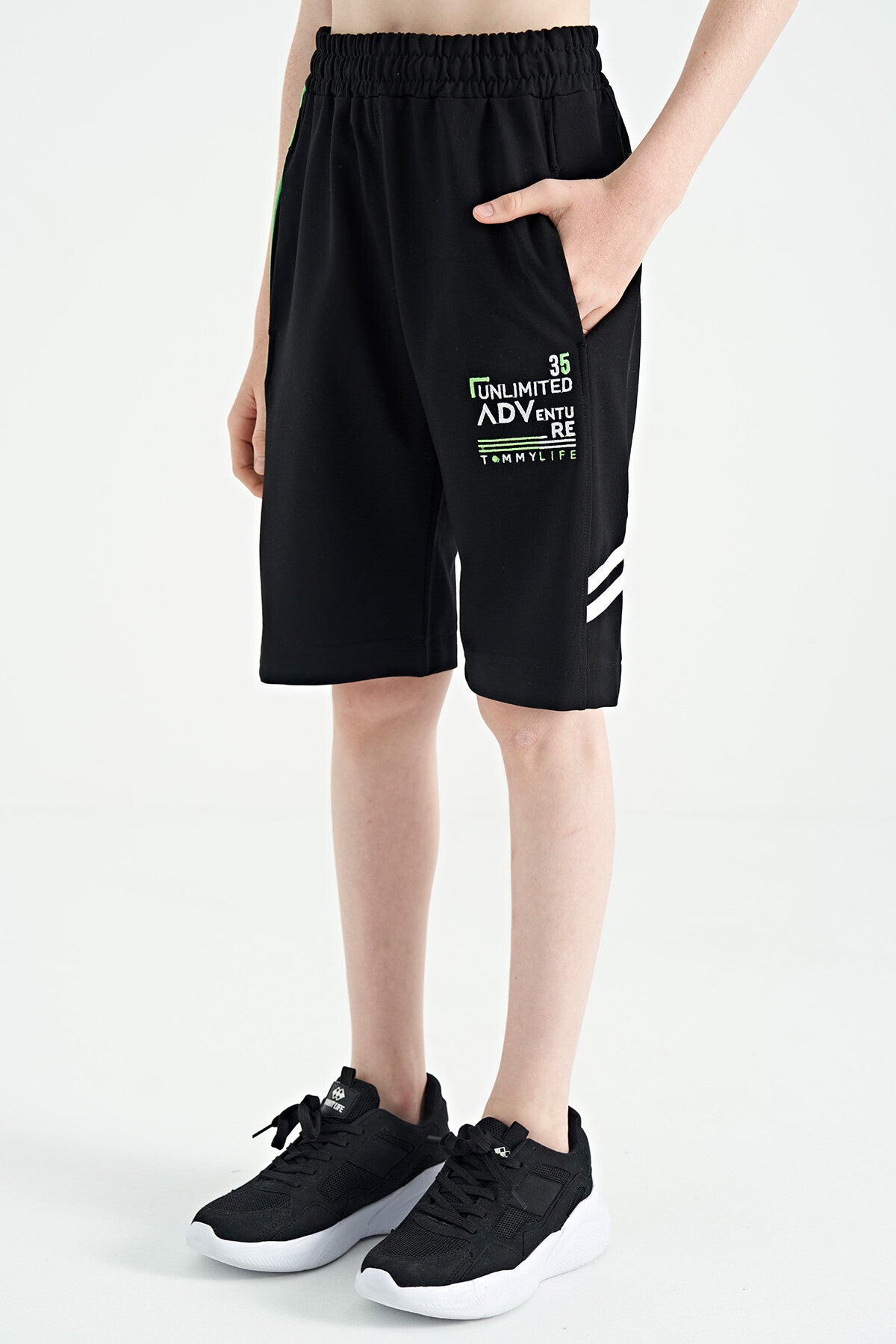Black Embroidered Pattern Laced Standard Fit Boys Shorts - 11124