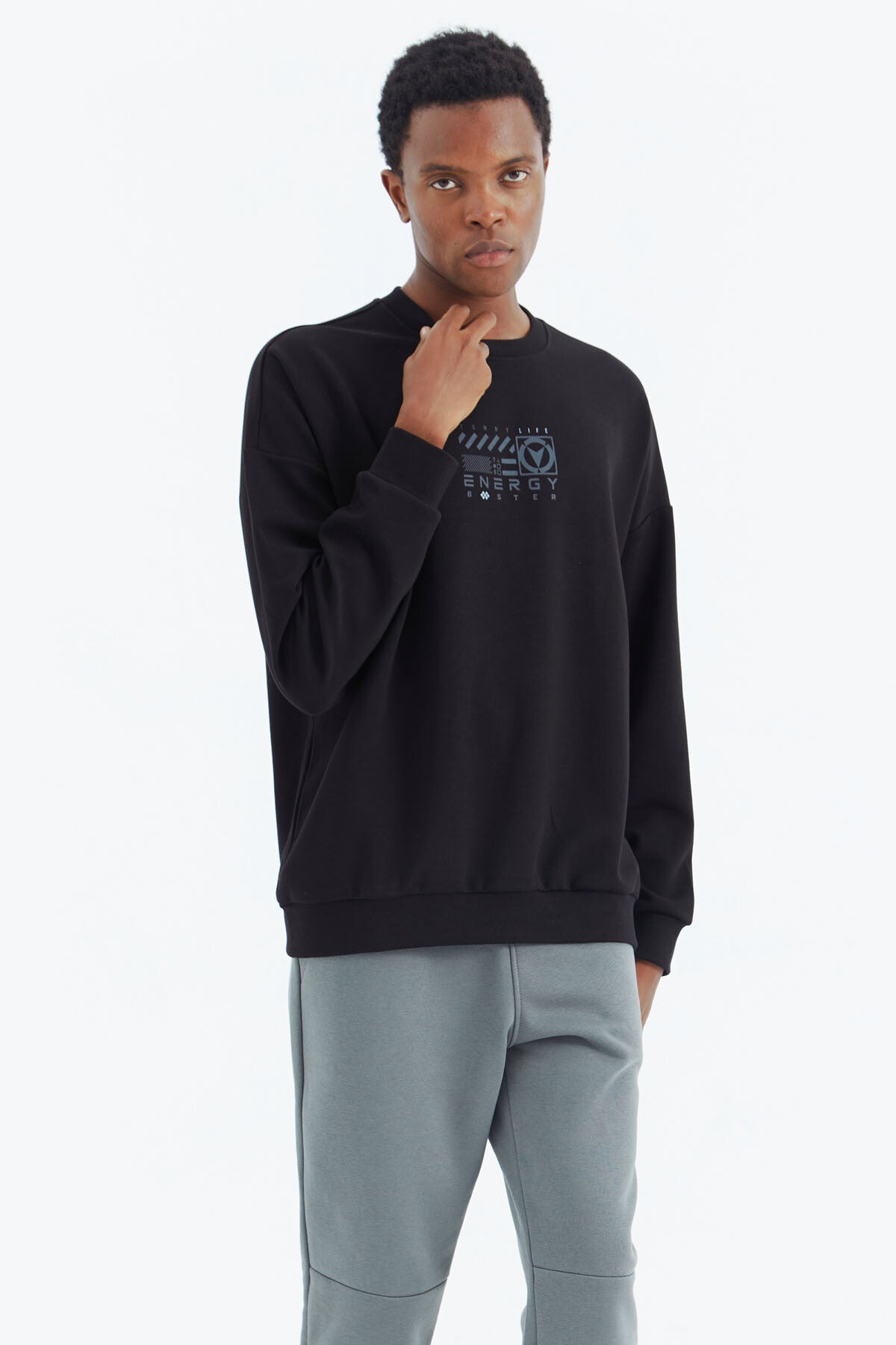 Black O Collar Print Detailed Relax Fit Men's Sweatshirt - 88284