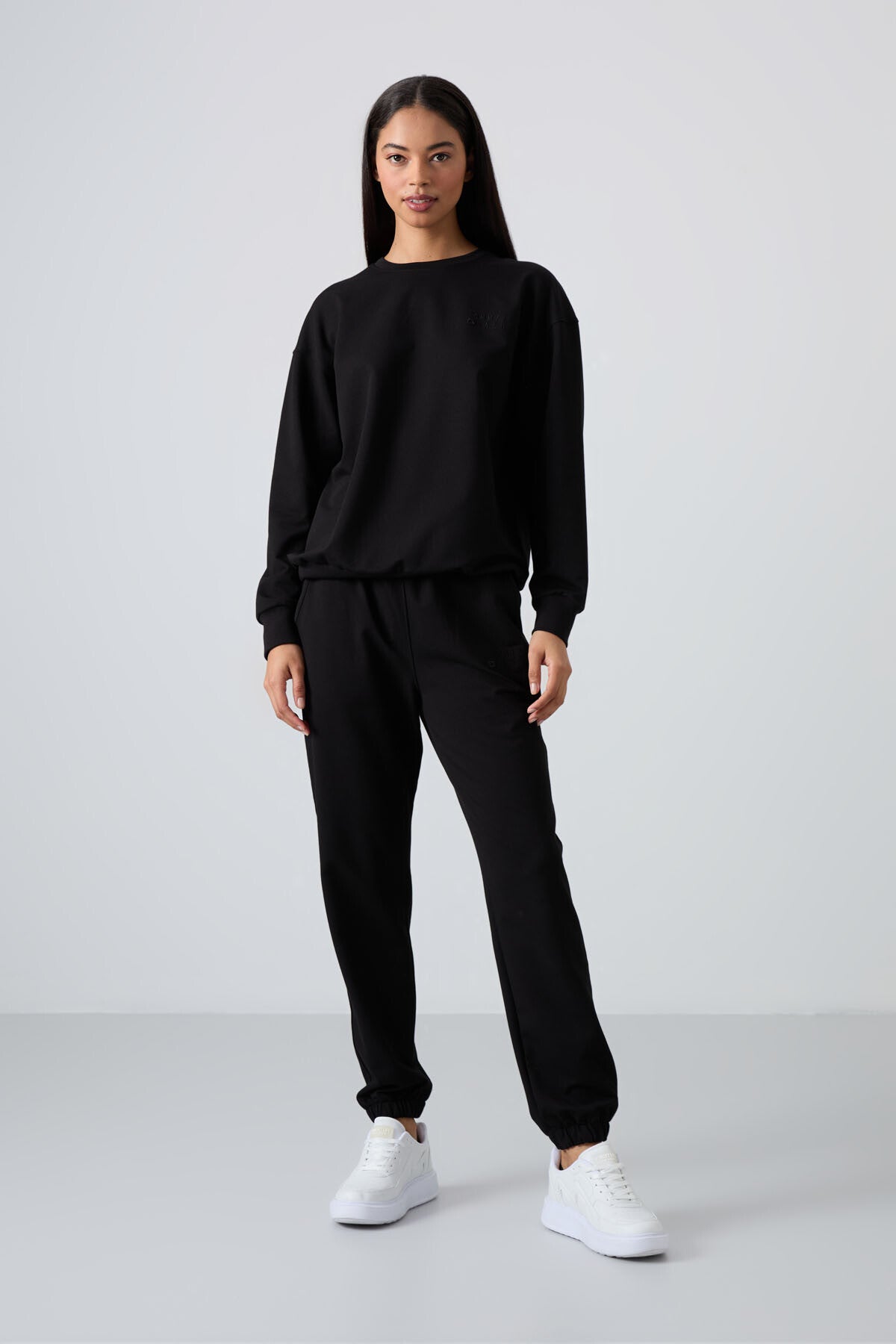 Black Basic Cotton O Neck Oversize Elastic Cuff Women's Tracksuit Set - 95287