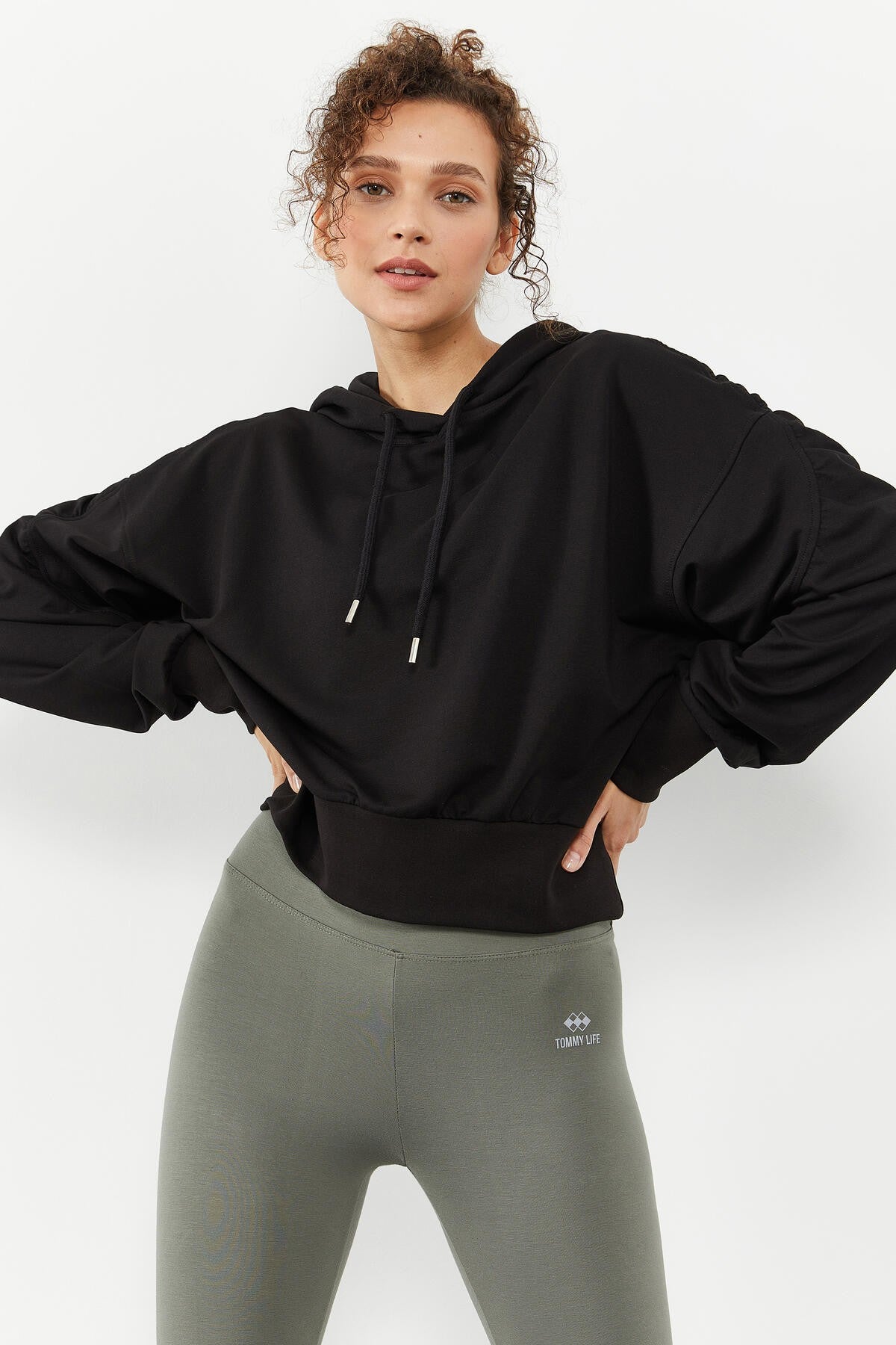 Black Shoulder Gather Detailed Puff Sleeve Comfortable Fit Women's Sweatshirt - 97166