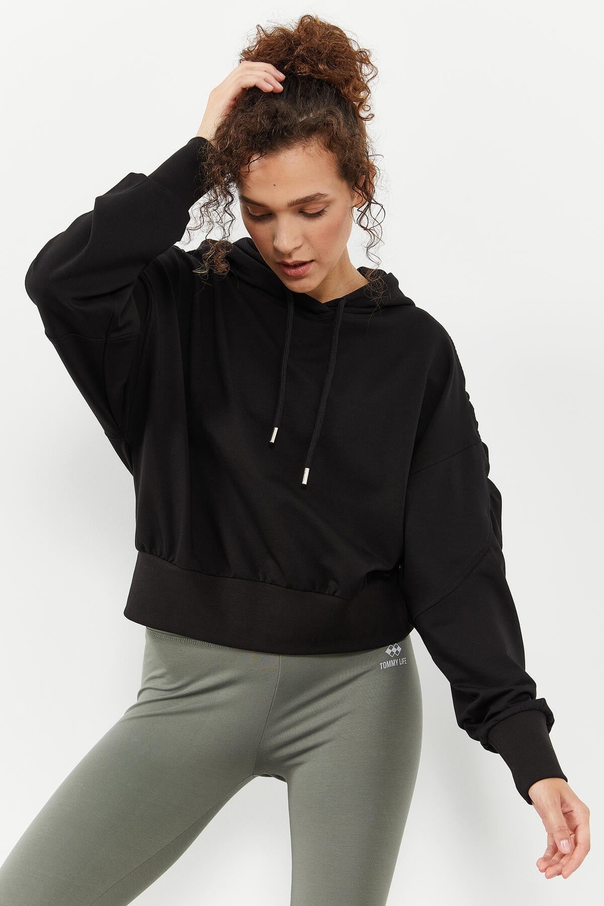 Black Shoulder Gather Detailed Puff Sleeve Comfortable Fit Women's Sweatshirt - 97166