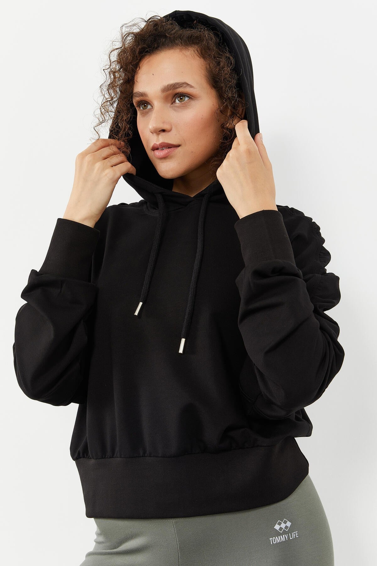 Black Shoulder Gather Detailed Puff Sleeve Comfortable Fit Women's Sweatshirt - 97166