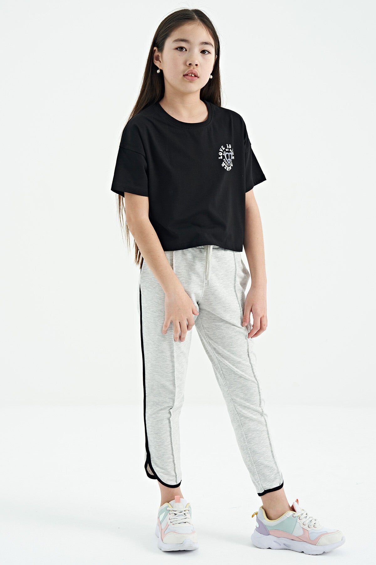 Black Front and Back Printed O Collar Low Shoulder Oversize Short Sleeve Girls T-Shirt - 75126