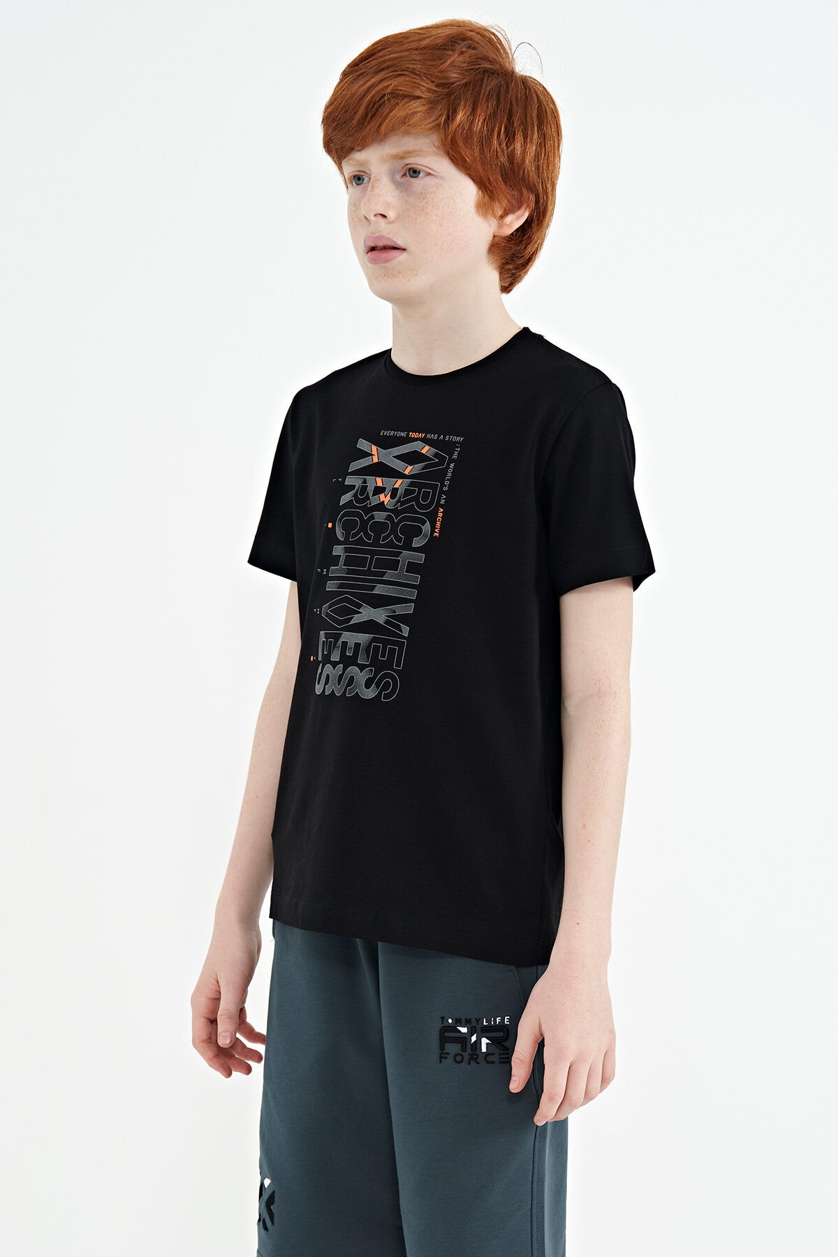 Black Pre-Print Detailed O Collar Standard Fit Boys T-Shirt - 11099