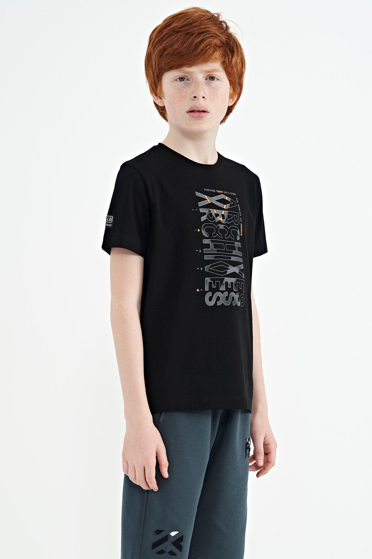 Black Pre-Print Detailed O Collar Standard Fit Boys T-Shirt - 11099