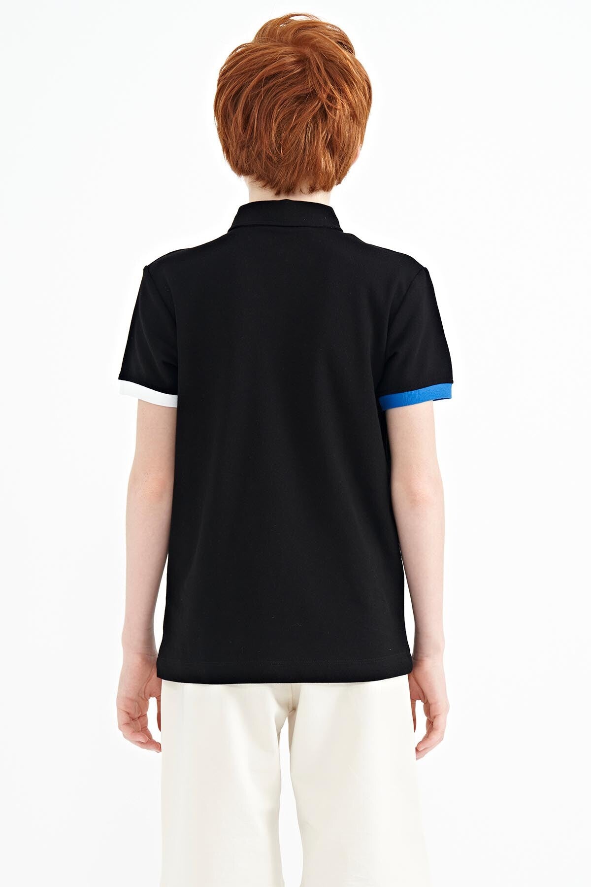 Black Front Detailed Printed Standard Fit Polo Collar Boys T-Shirt - 11102