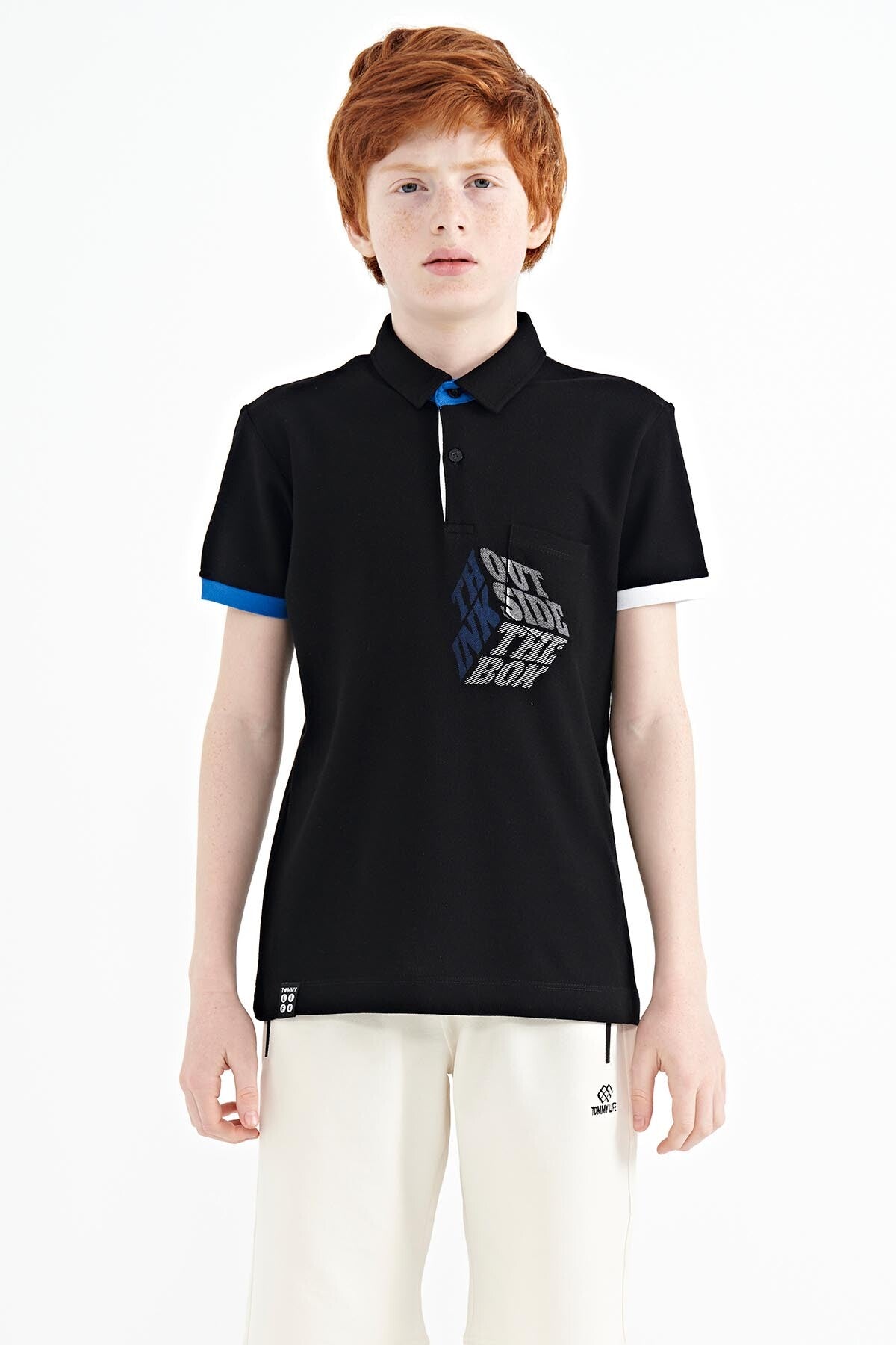 Black Front Detailed Printed Standard Fit Polo Collar Boys T-Shirt - 11102