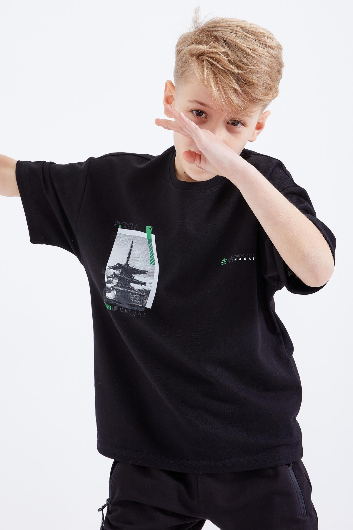 Black Oversize Printed Short Sleeve O Collar Boys T-Shirt - 10925