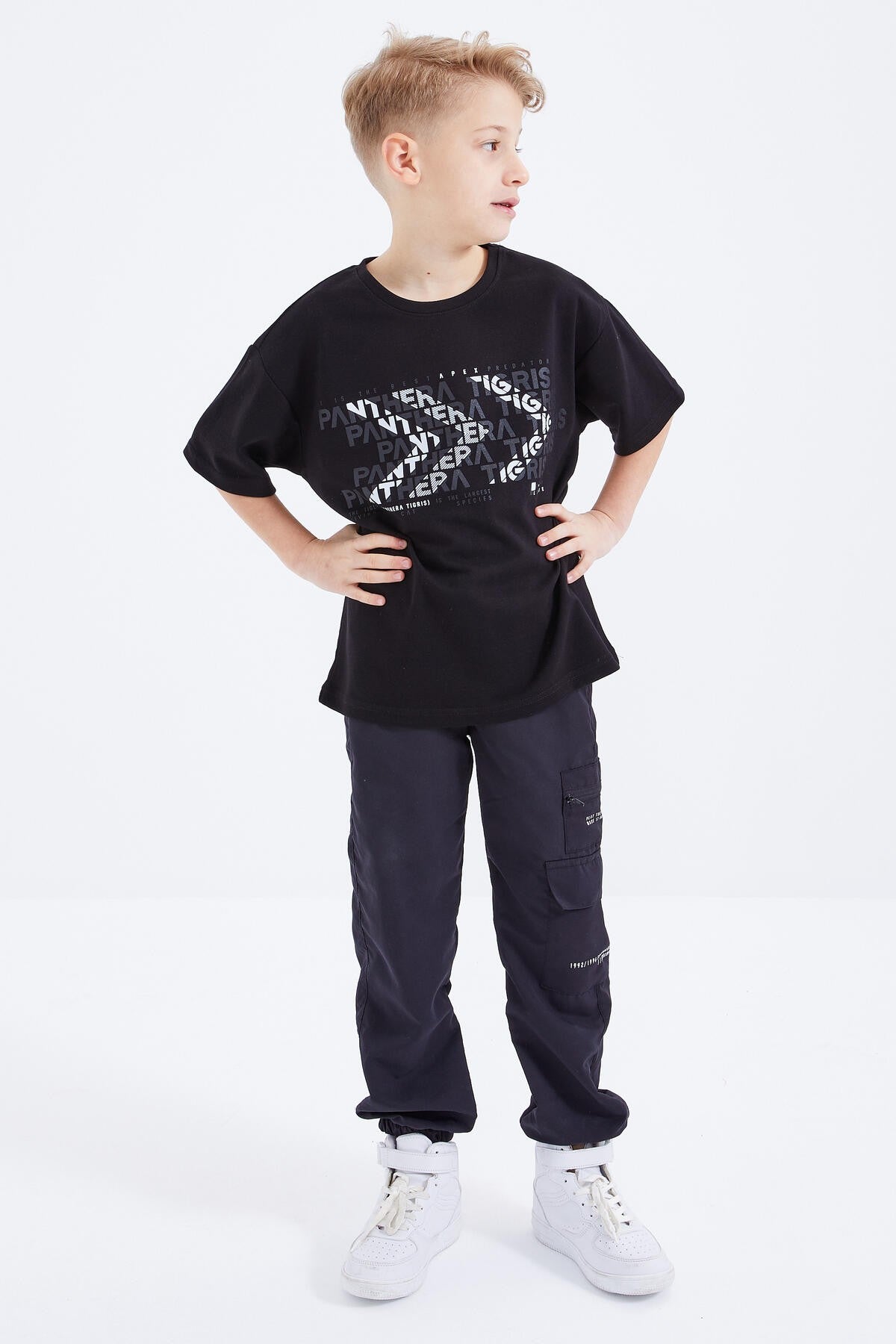 Black Oversize Printed Short Sleeve O Neck Boy's T-Shirt - 10930