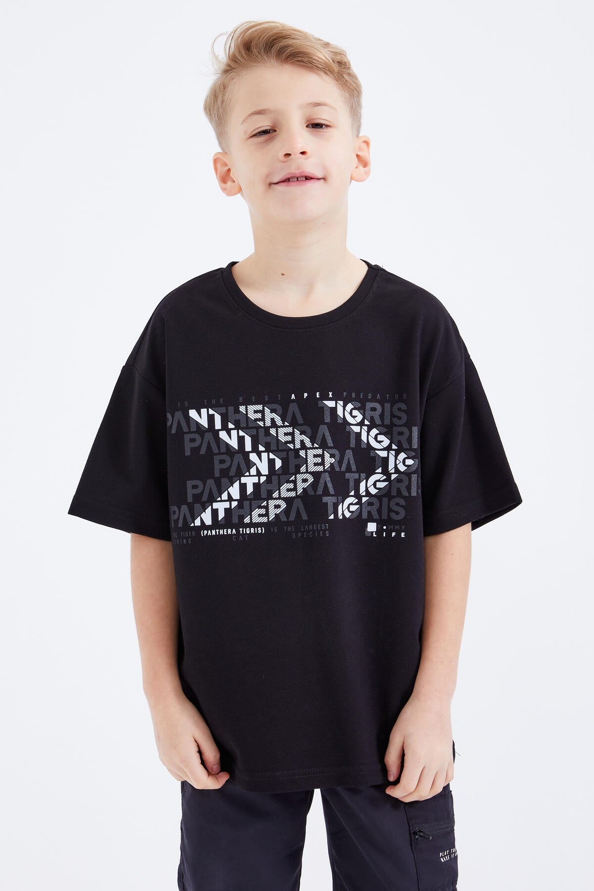 Black Oversize Printed Short Sleeve O Neck Boy's T-Shirt - 10930
