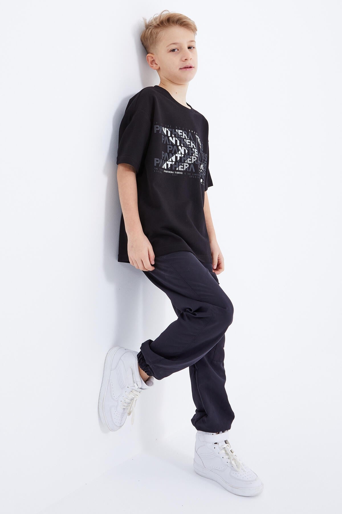 Black Oversize Printed Short Sleeve O Neck Boy's T-Shirt - 10930