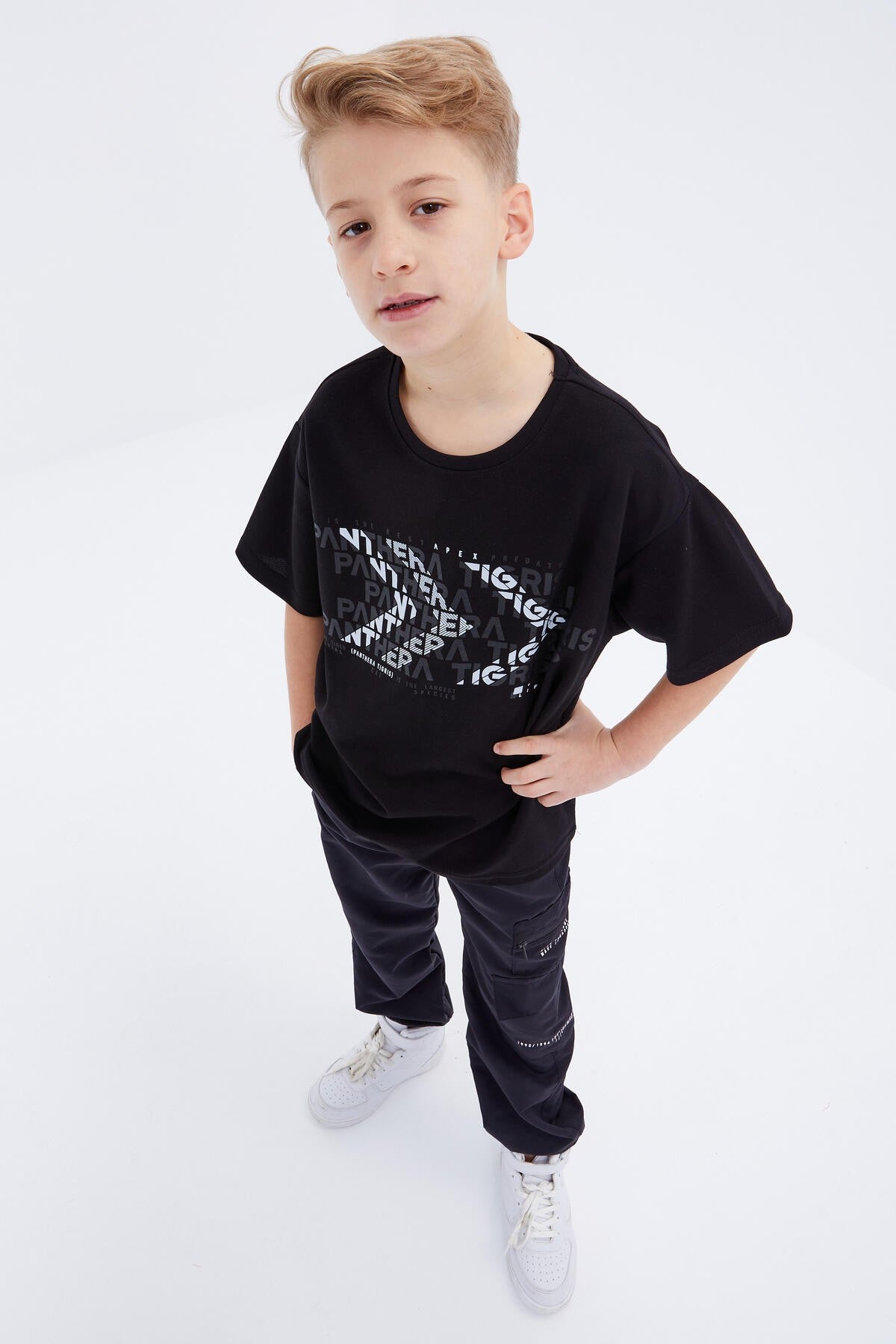 Black Oversize Printed Short Sleeve O Neck Boy's T-Shirt - 10930