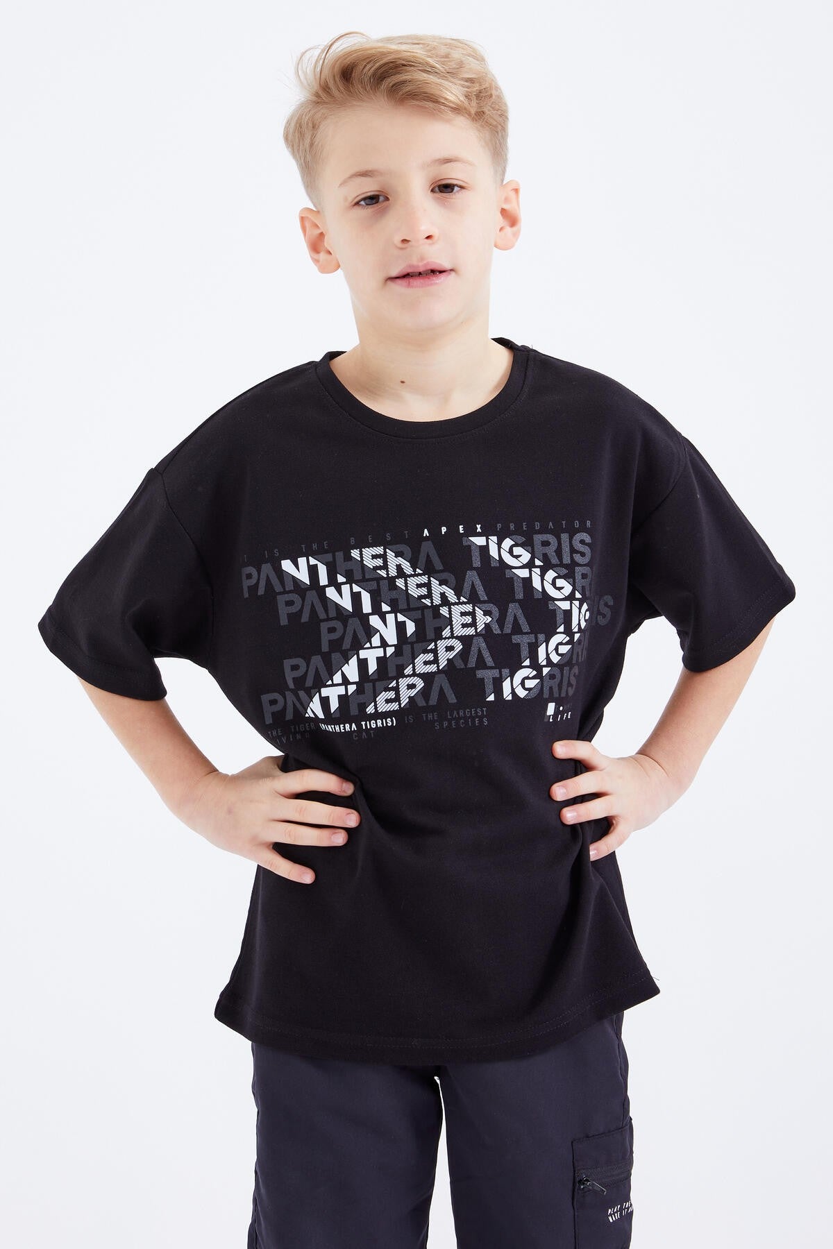 Black Oversize Printed Short Sleeve O Neck Boy's T-Shirt - 10930