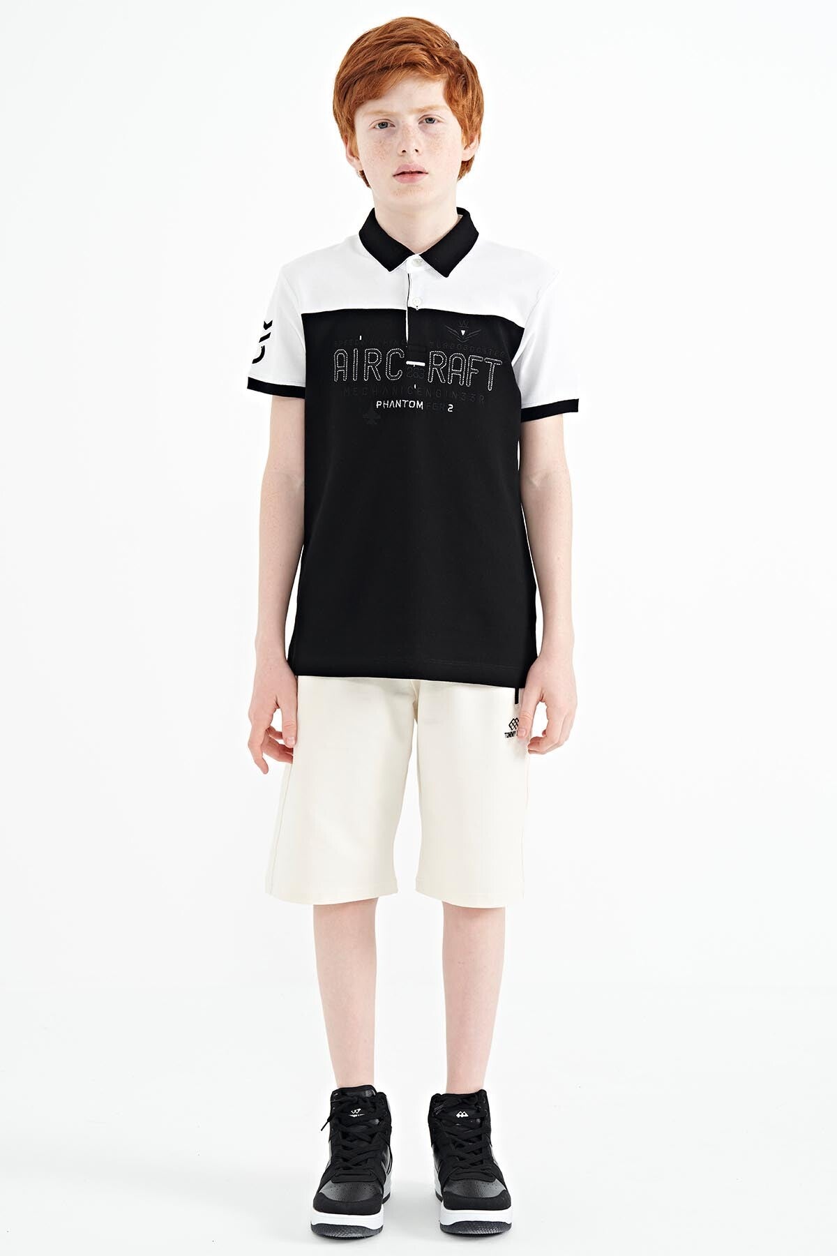 Black Color Block Letter Embroidered Standard Fit Polo Collar Boys T-Shirt - 11087