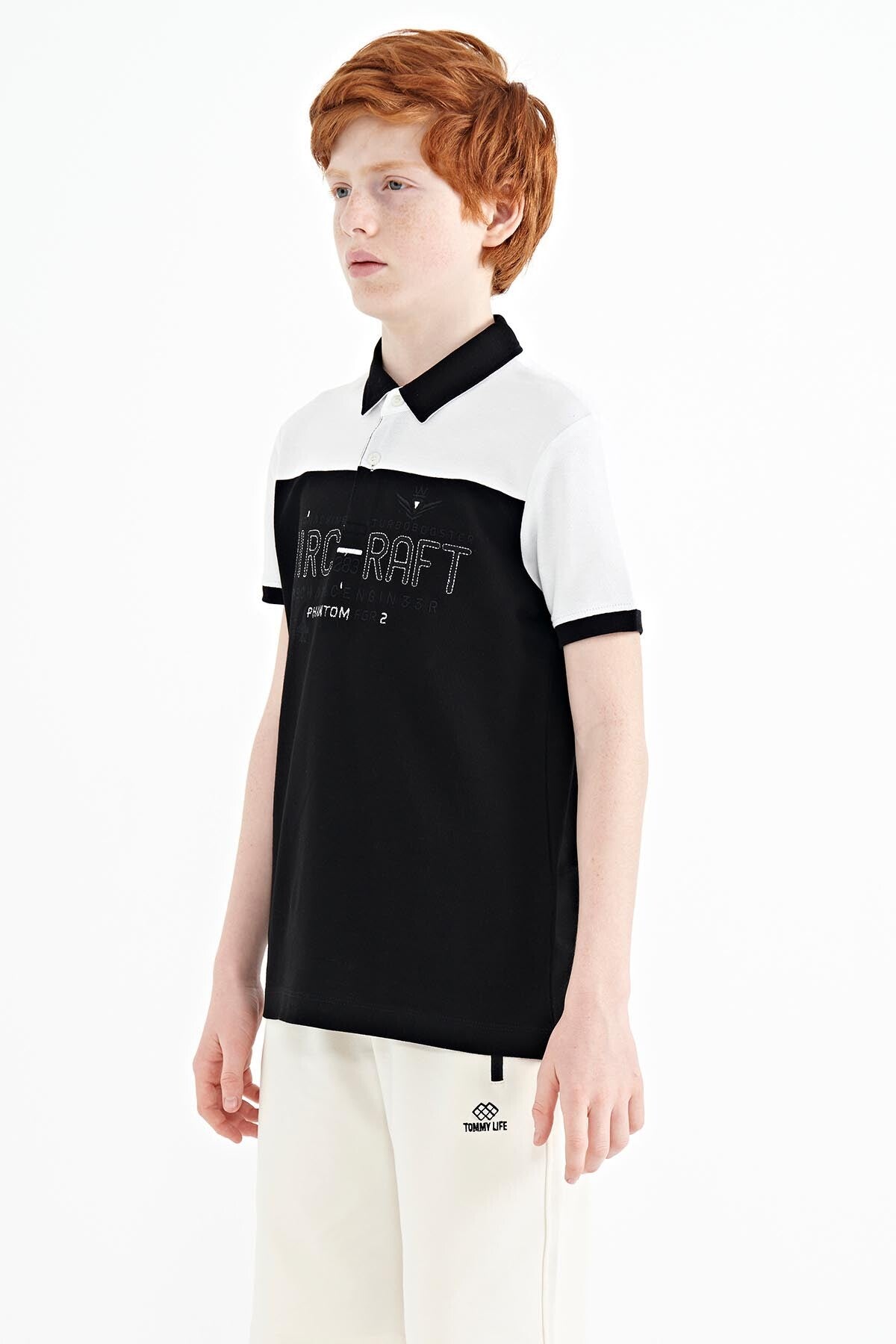 Black Color Block Letter Embroidered Standard Fit Polo Collar Boys T-Shirt - 11087