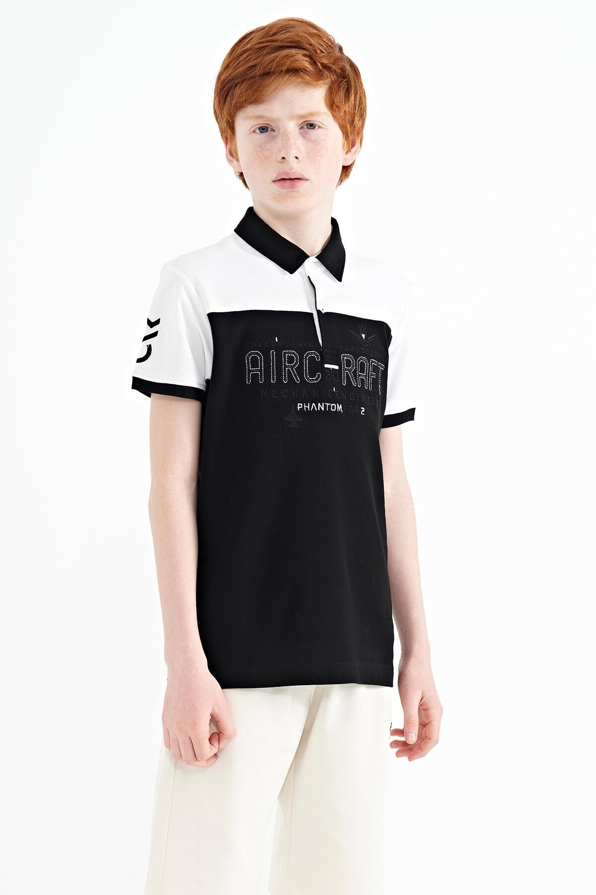 Black Color Block Letter Embroidered Standard Fit Polo Collar Boys T-Shirt - 11087