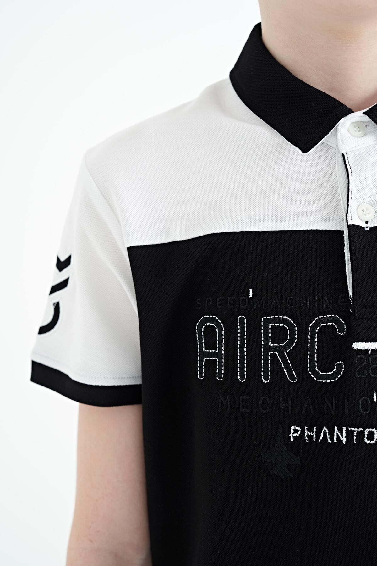Black Color Block Letter Embroidered Standard Fit Polo Collar Boys T-Shirt - 11087