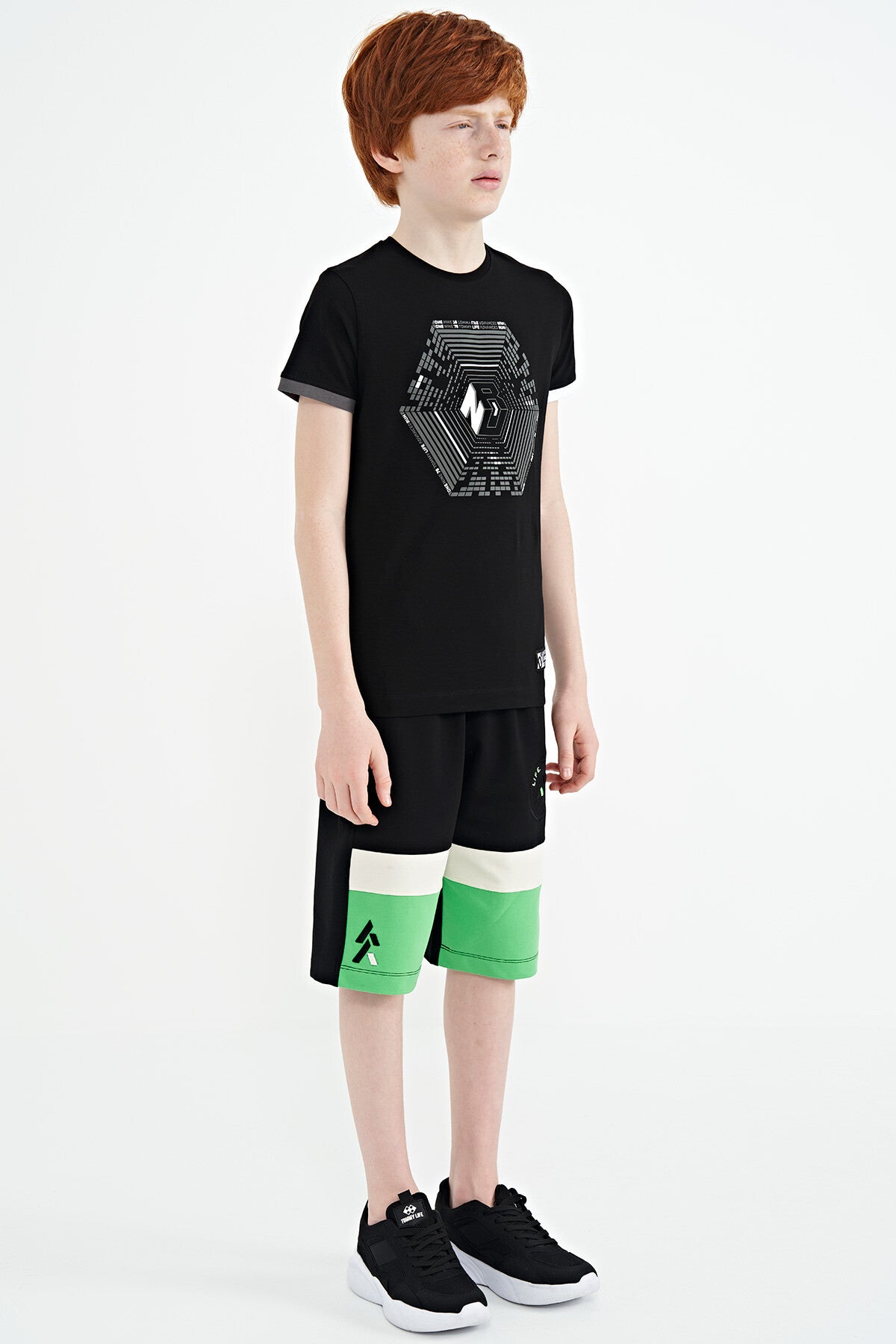 Black Color Printed Laced Embroidery Detailed Standard Pattern Boys Shorts - 11129