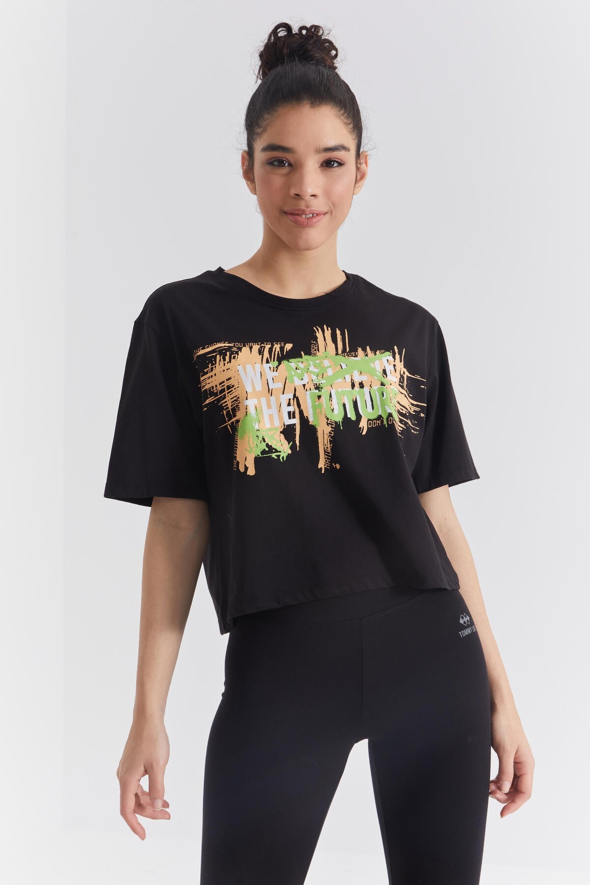 Black Color Printed Letter O Collar Women's Oversize T-Shirt - 97212