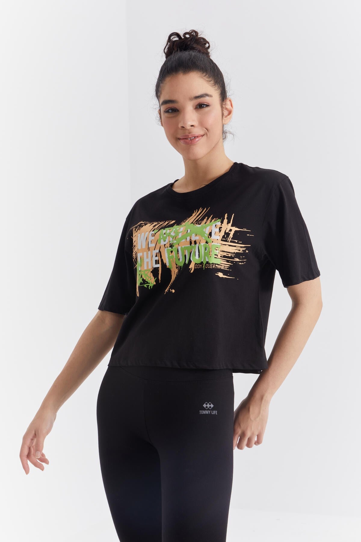 Black Color Printed Letter O Collar Women's Oversize T-Shirt - 97212