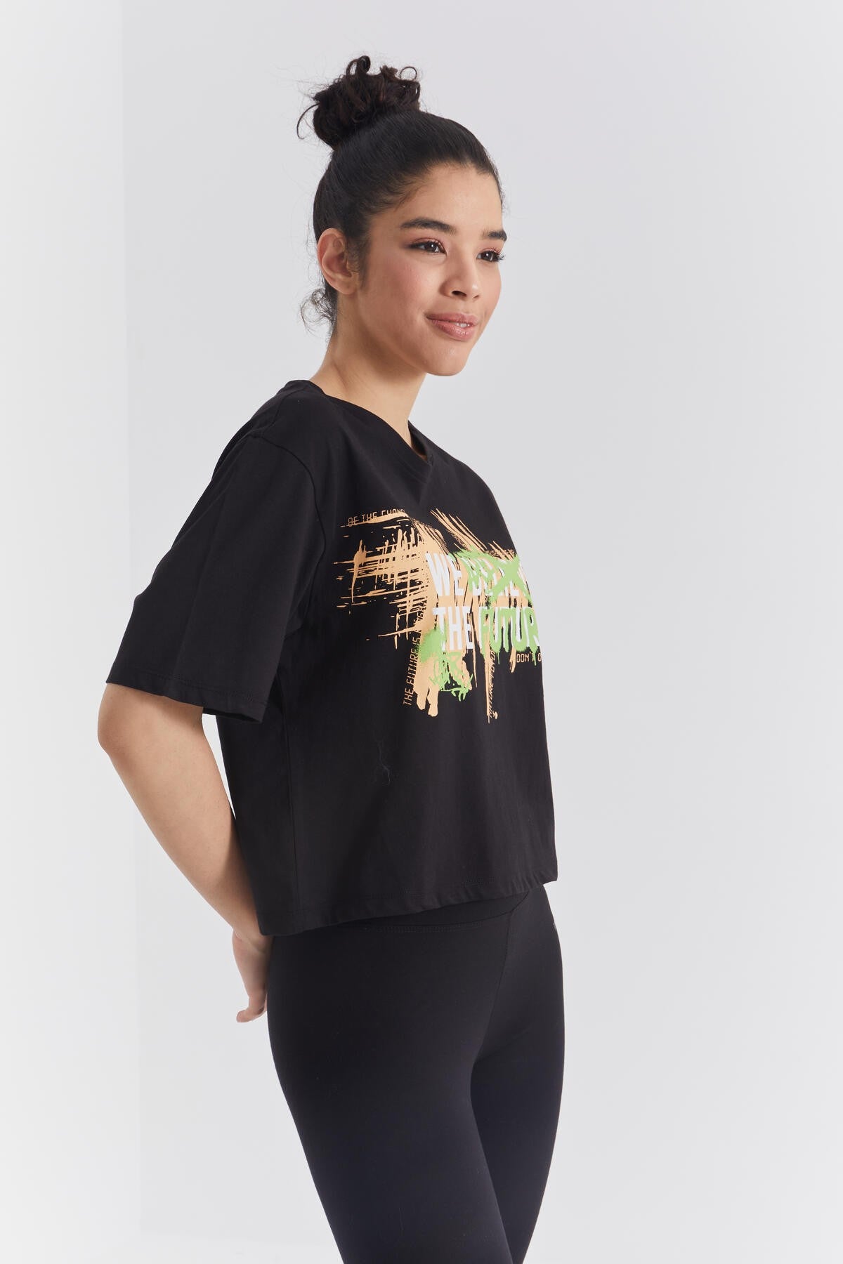 Black Color Printed Letter O Collar Women's Oversize T-Shirt - 97212
