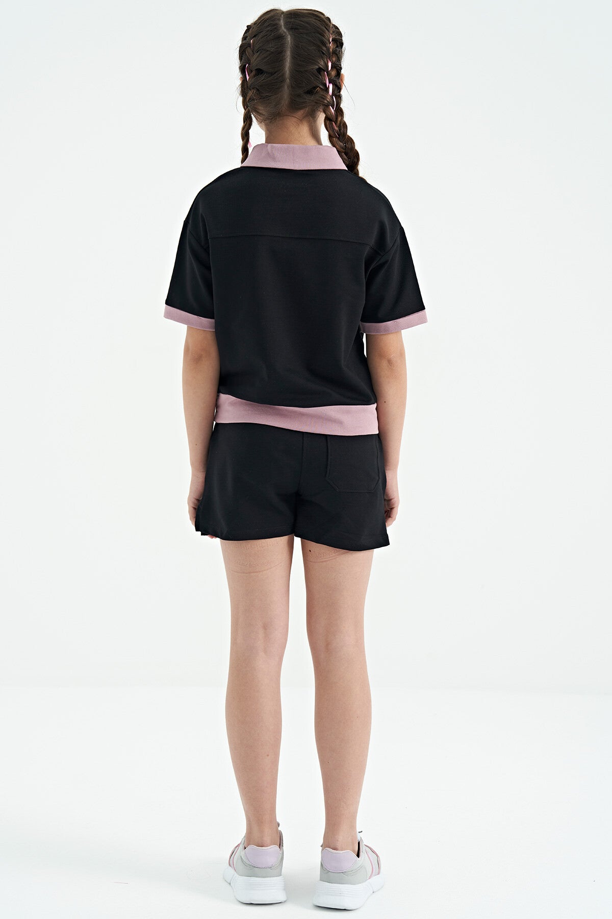 Black Collar Short Sleeve Comfort Fit Girls' Shorts Set - 75131