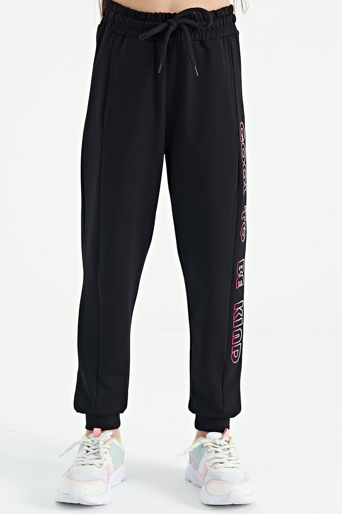 Black Side Embroidered Laced Standard Fit Jogger Girls Tracksuit Bottom - 75123