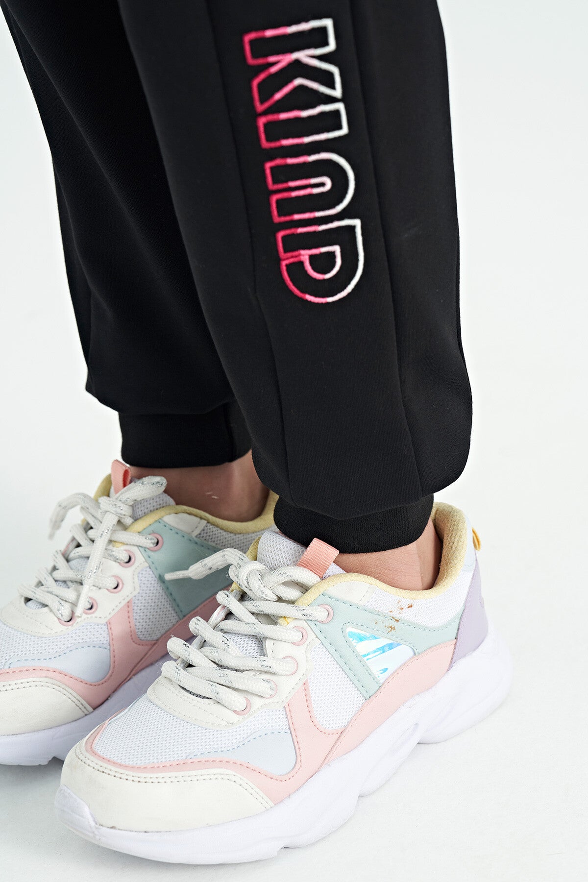 Black Side Embroidered Laced Standard Fit Jogger Girls Tracksuit Bottom - 75123