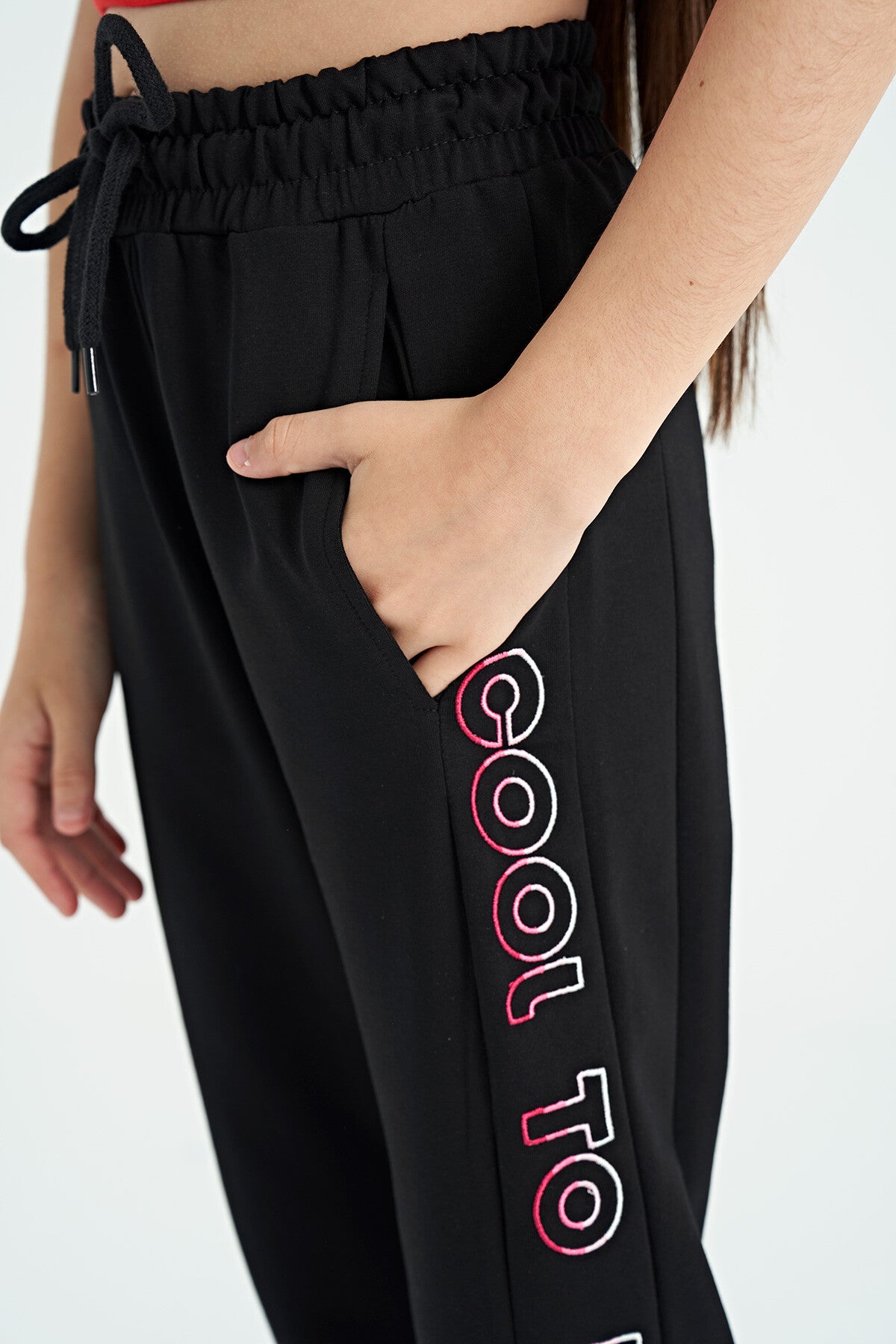 Black Side Embroidered Laced Standard Fit Jogger Girls Tracksuit Bottom - 75123