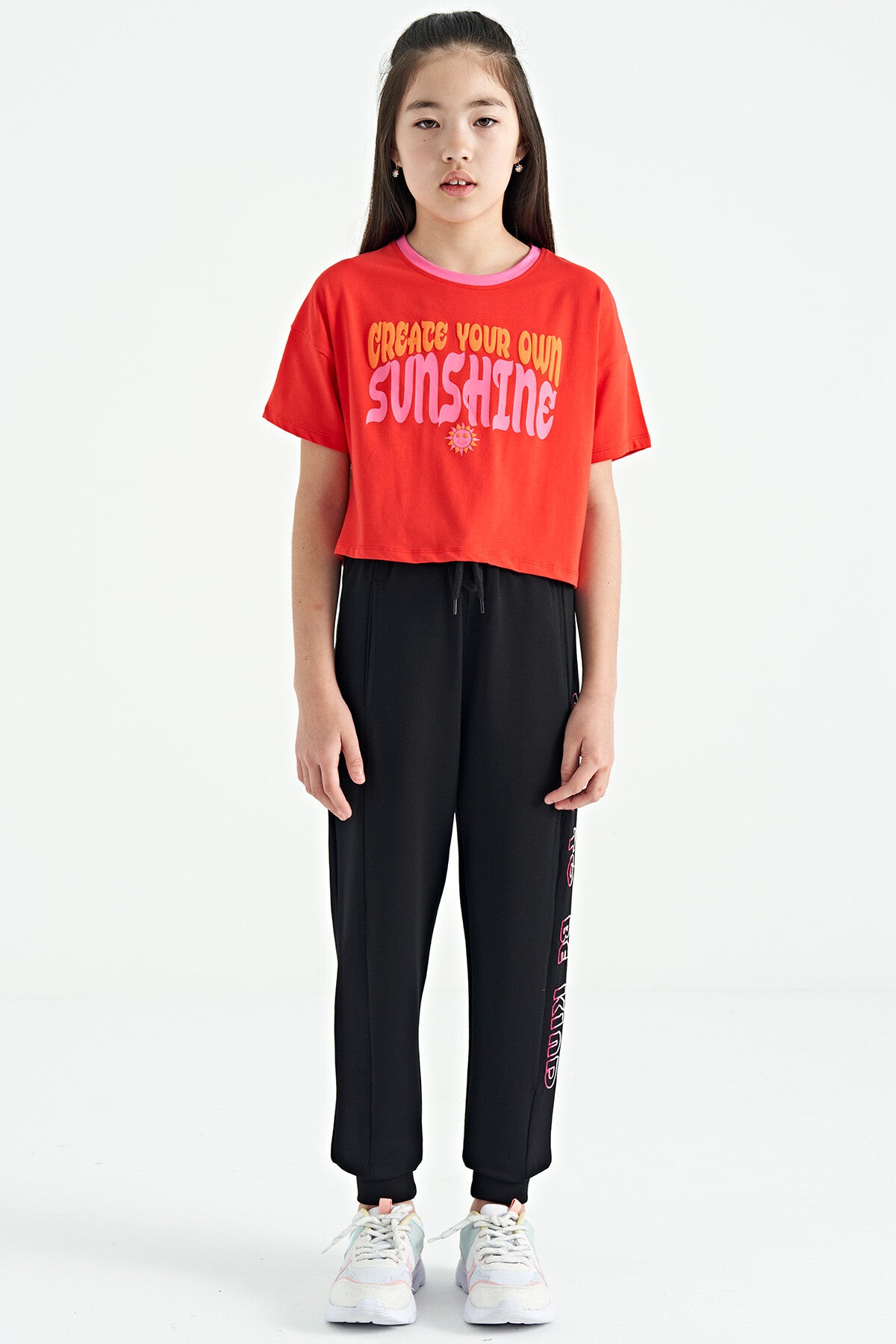 Black Side Embroidered Laced Standard Fit Jogger Girls Tracksuit Bottom - 75123