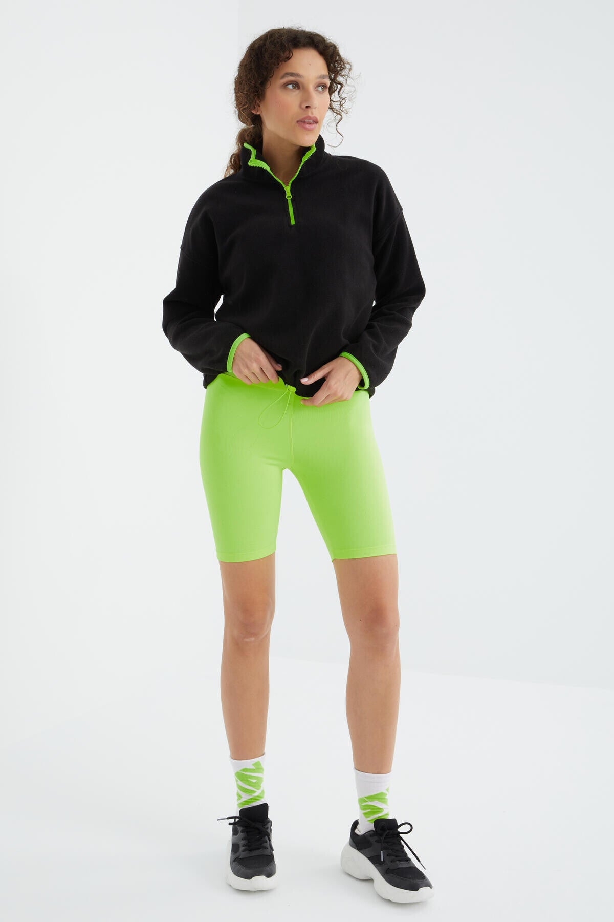 Black Half-Zip Skirt with Gathered Hem High Collar Oversize Women's Fleece Sweatshirt - 97234