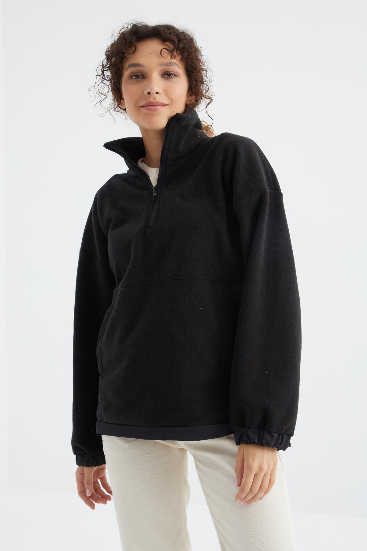 Black Half-Zip Skirt with Gathered Hem and High Collar Oversize Women's Fleece Sweatshirt - 97236