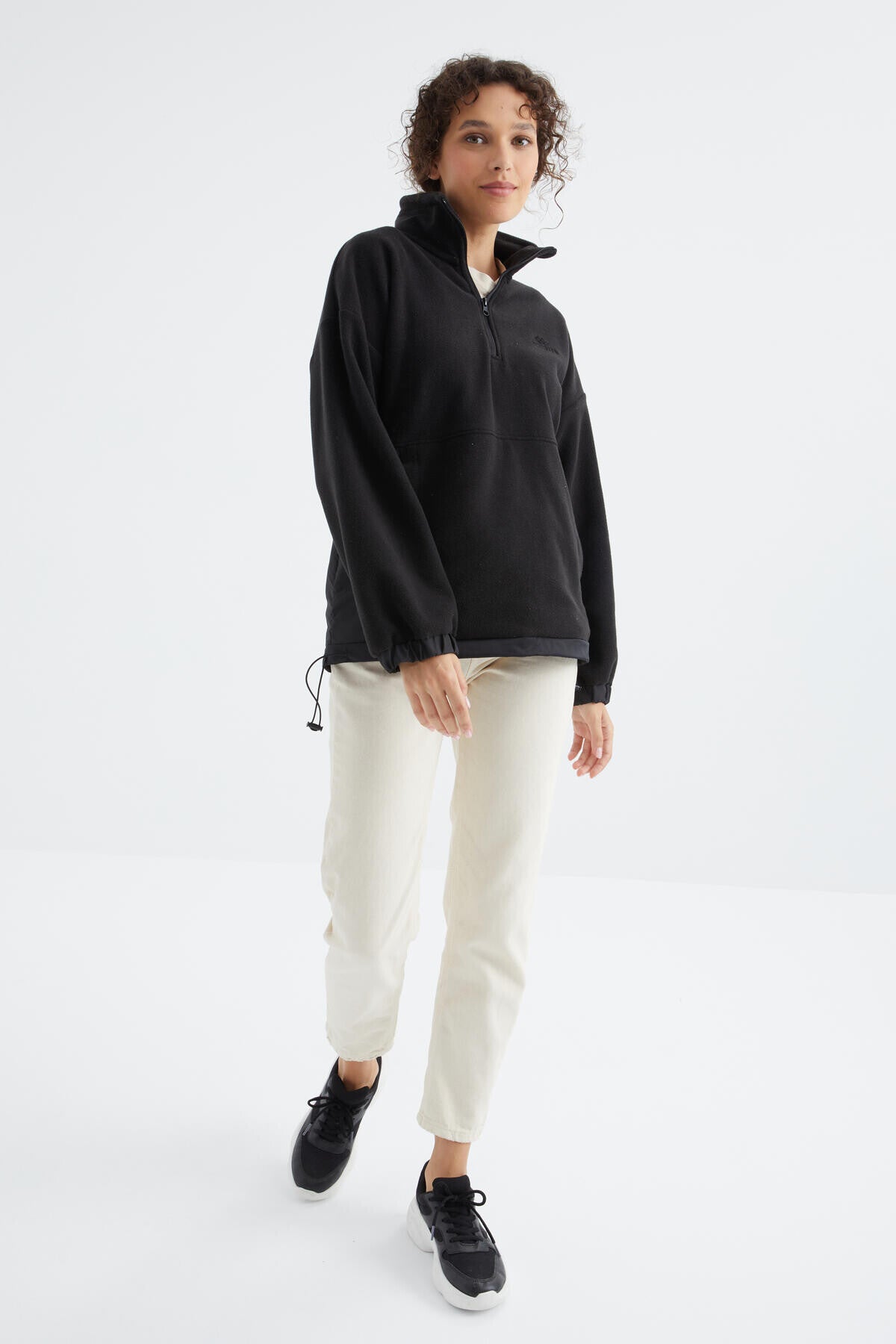 Black Half-Zip Skirt with Gathered Hem and High Collar Oversize Women's Fleece Sweatshirt - 97236